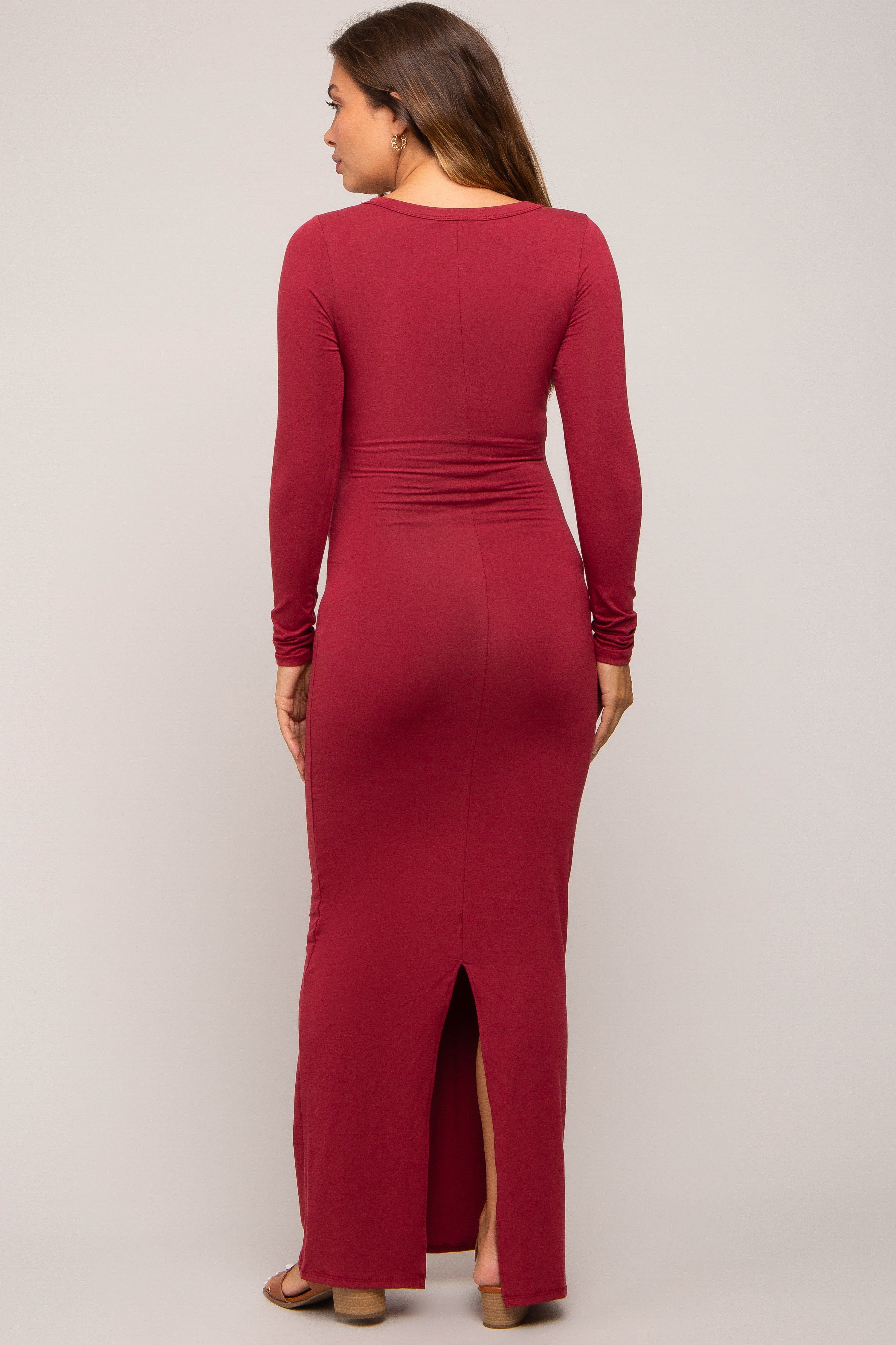 Burgundy Solid Long Sleeve Scoop Neck Maternity Maxi Dress sold by Pinkblush product image thumbnail 4