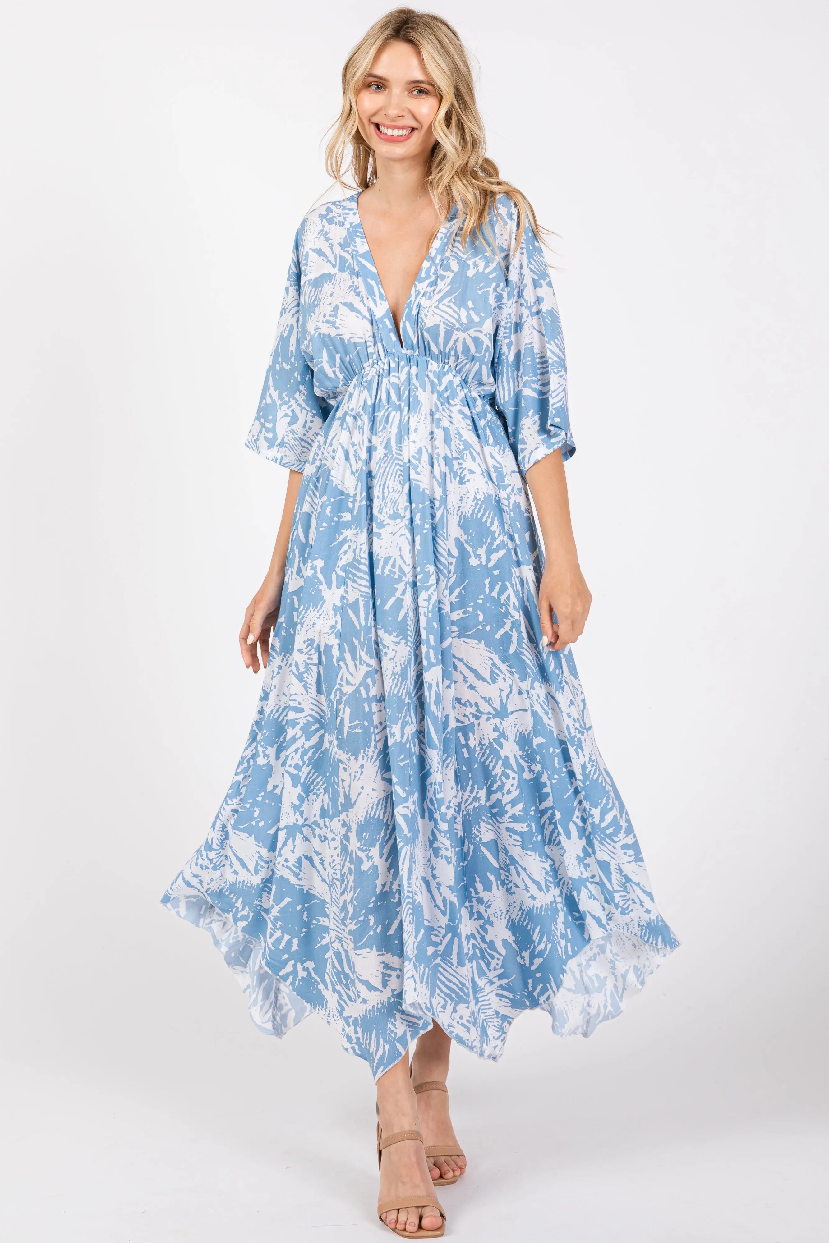 Blue Printed V-Neck Draped Maxi Dress sold by Pinkblush