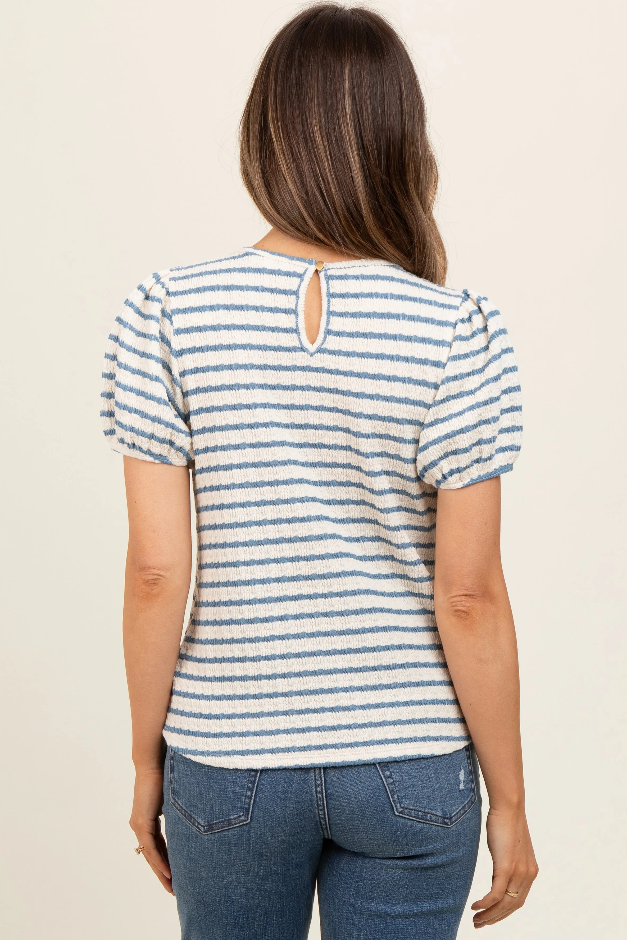 Light Blue Striped Textured Puff Sleeve Maternity Top sold by Pinkblush product image thumbnail 4