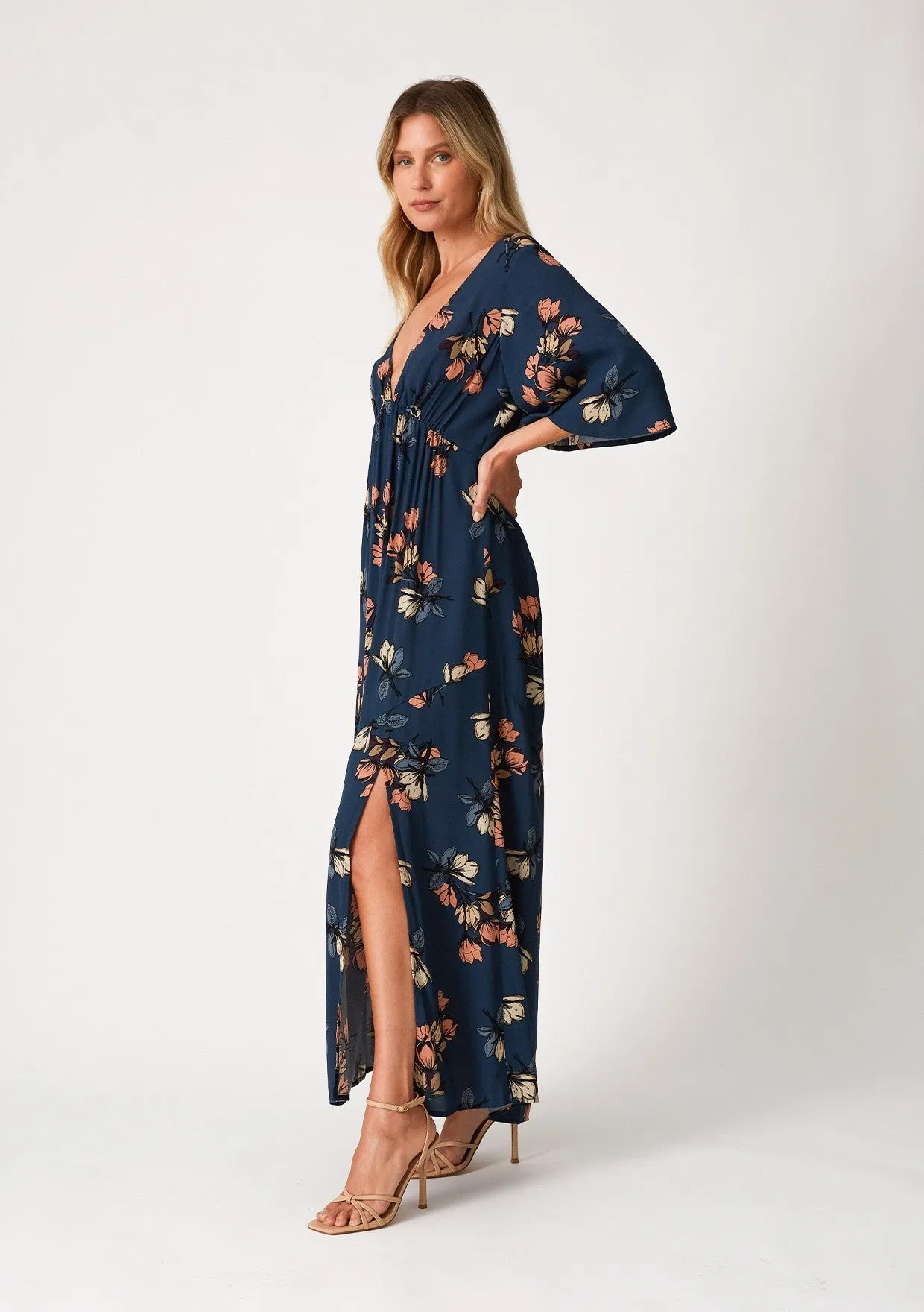 Dark Teal Floral Deep V-Neck Short Sleeve Front Slit Maxi Dress sold by Pinkblush product image thumbnail 3