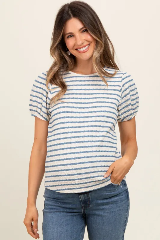 Light Blue Striped Textured Puff Sleeve Maternity Top sold by Pinkblush