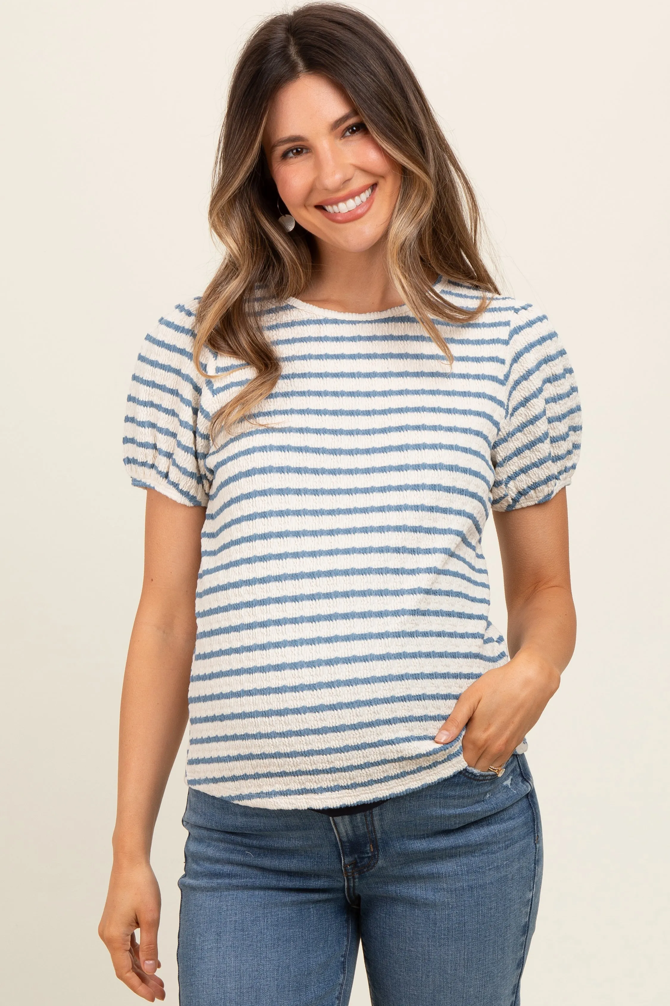 Light Blue Striped Textured Puff Sleeve Maternity Top sold by Pinkblush