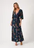 Dark Teal Floral Deep V-Neck Short Sleeve Front Slit Maxi Dress sold by Pinkblush