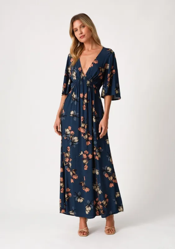 Dark Teal Floral Deep V-Neck Short Sleeve Front Slit Maxi Dress sold by Pinkblush