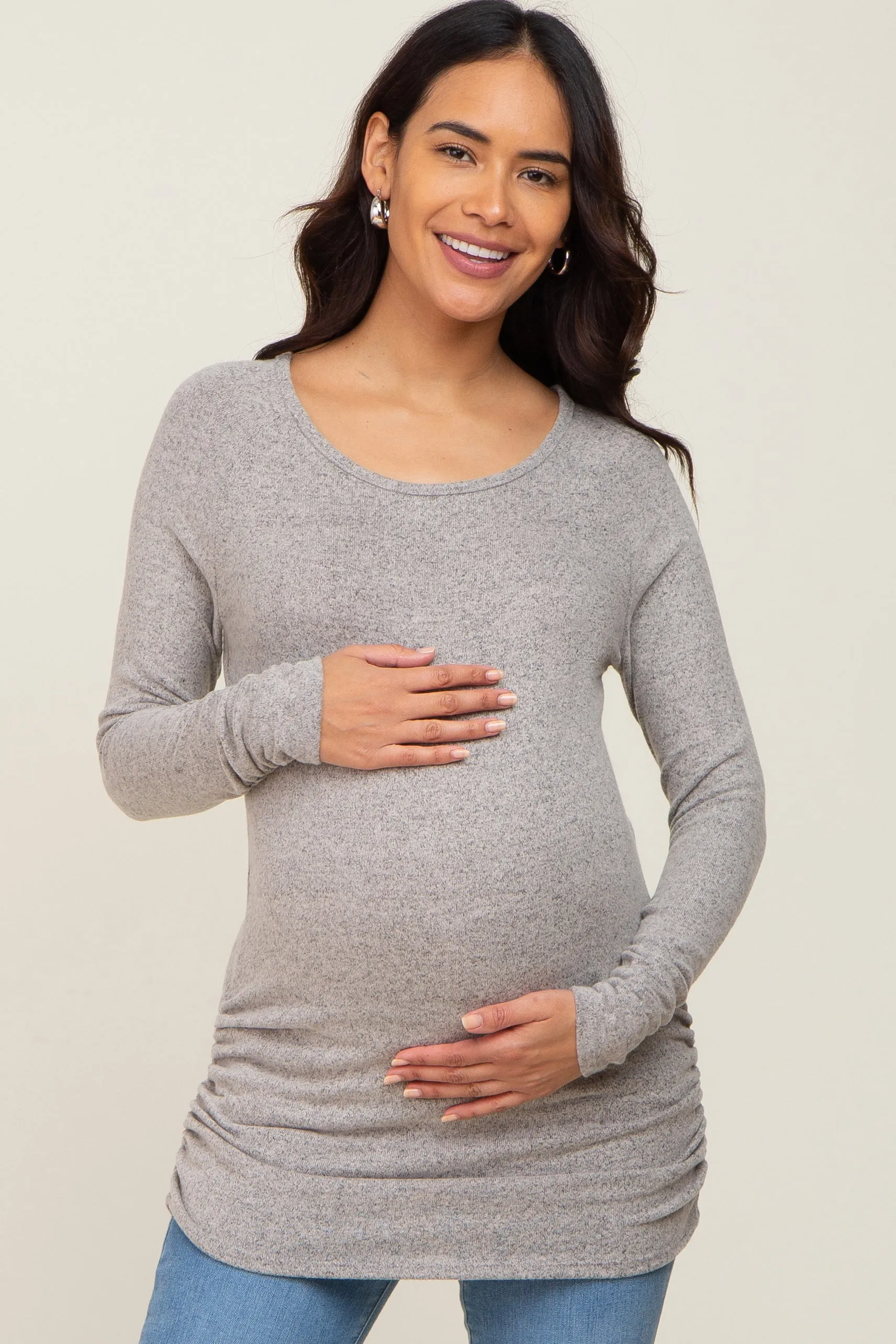 Beige Brushed Knit Ruched Maternity Top sold by Pinkblush