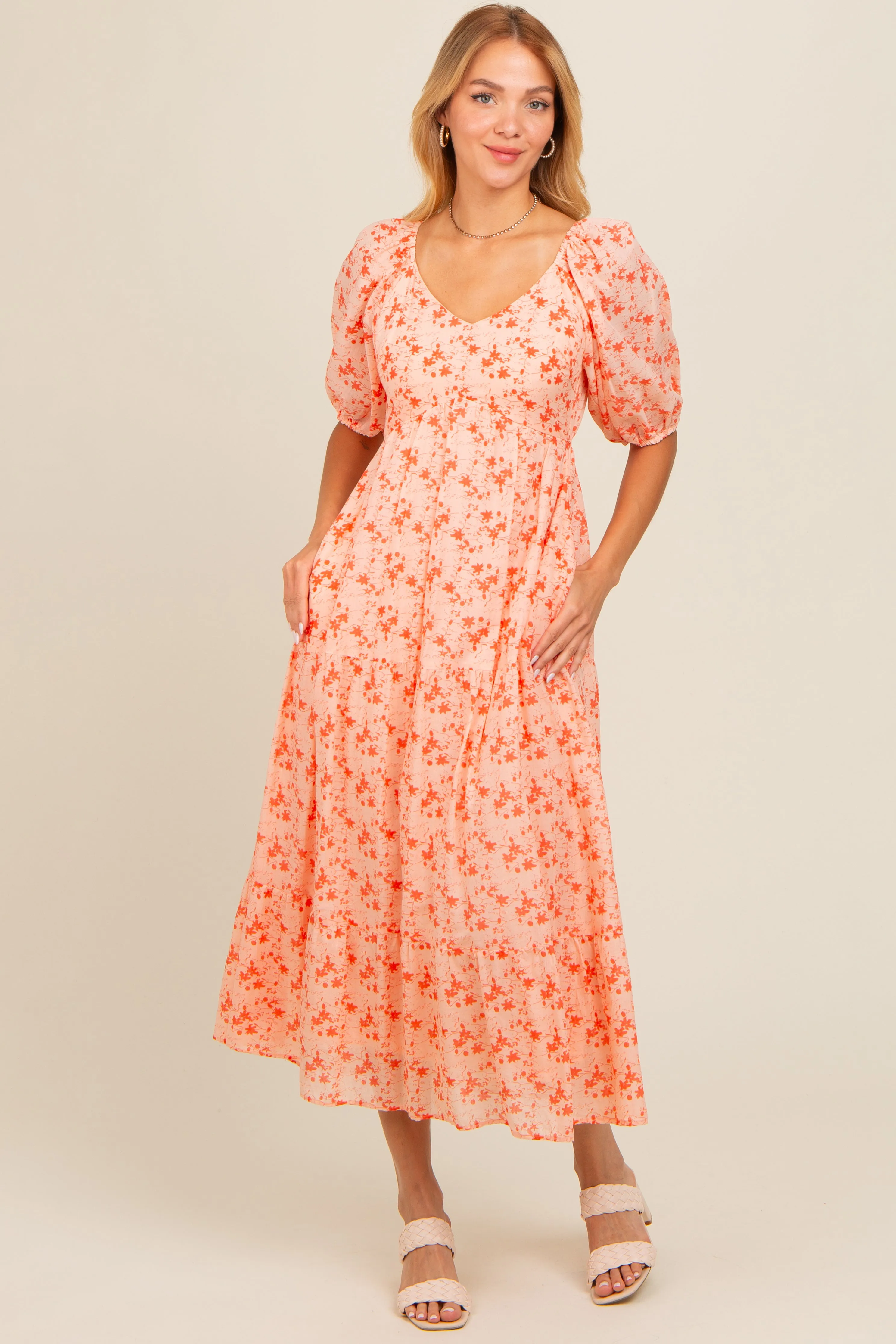 Red Floral V-Neck Tiered Maternity Midi Dress sold by Pinkblush product image thumbnail 4