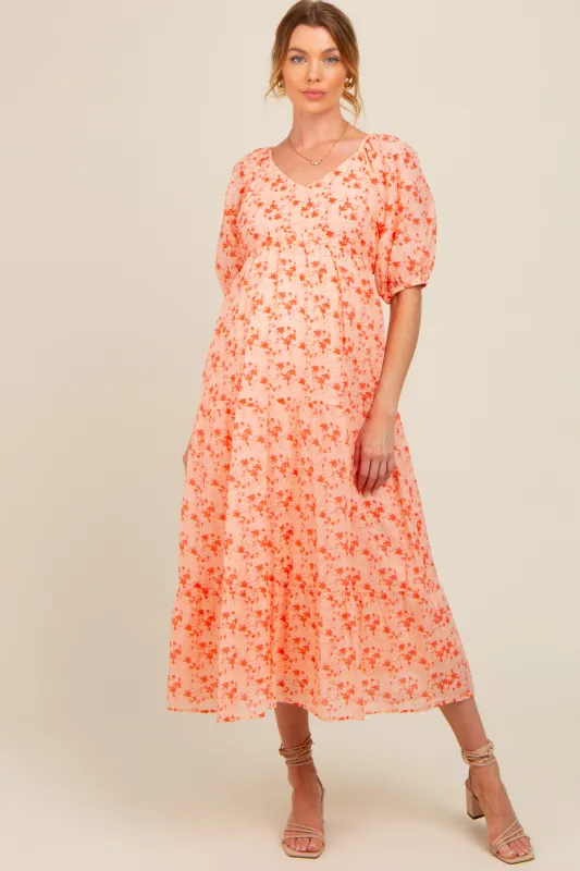 Red Floral V-Neck Tiered Maternity Midi Dress sold by Pinkblush