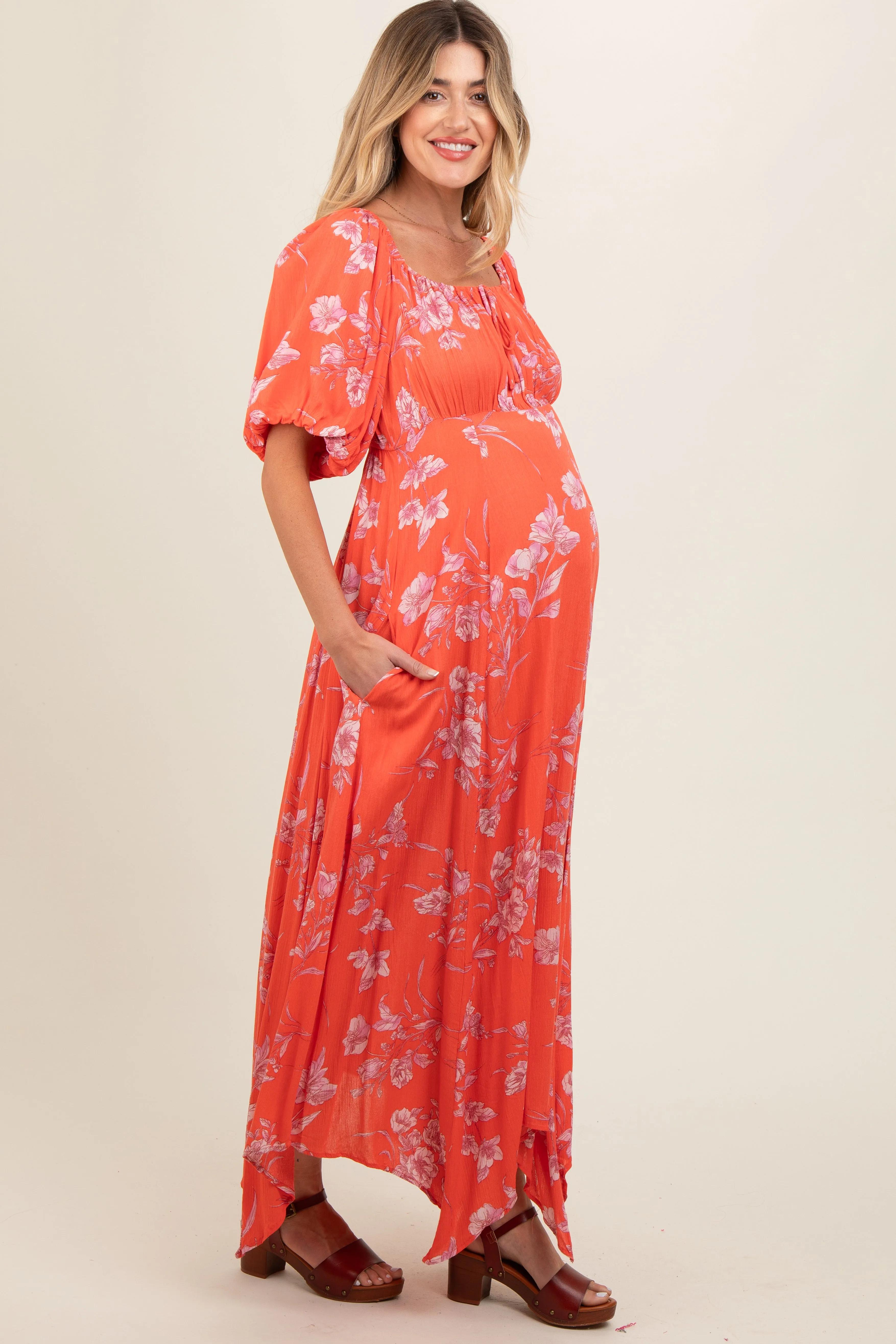 Orange Floral Puff Sleeve Maternity Maxi Dress sold by Pinkblush product image thumbnail 3