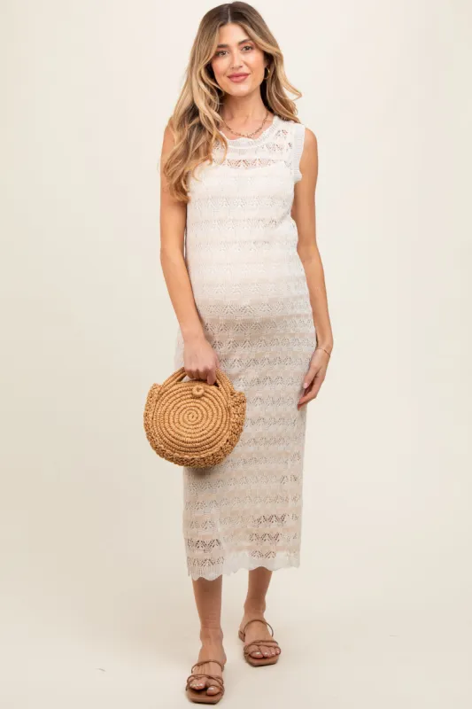 Beige Crochet Knit Sleeveless Maternity Midi Dress sold by Pinkblush