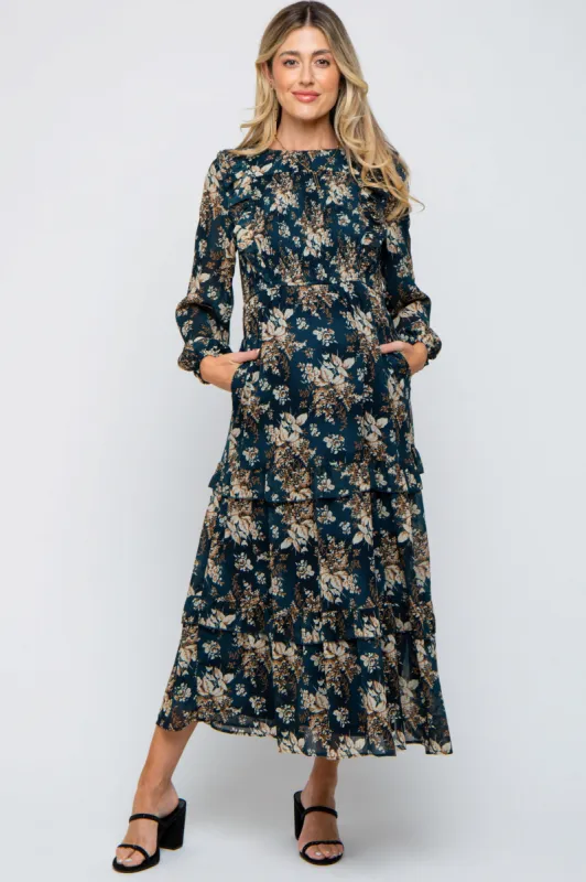 Teal Floral Chiffon Smocked Front Ruffle Tiered Maternity Midi Dress sold by Pinkblush