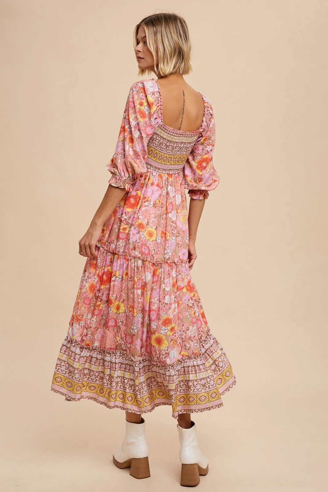 Pink Floral Smocked Half-Length Sleeves Midi Dress sold by Pinkblush product image thumbnail 3