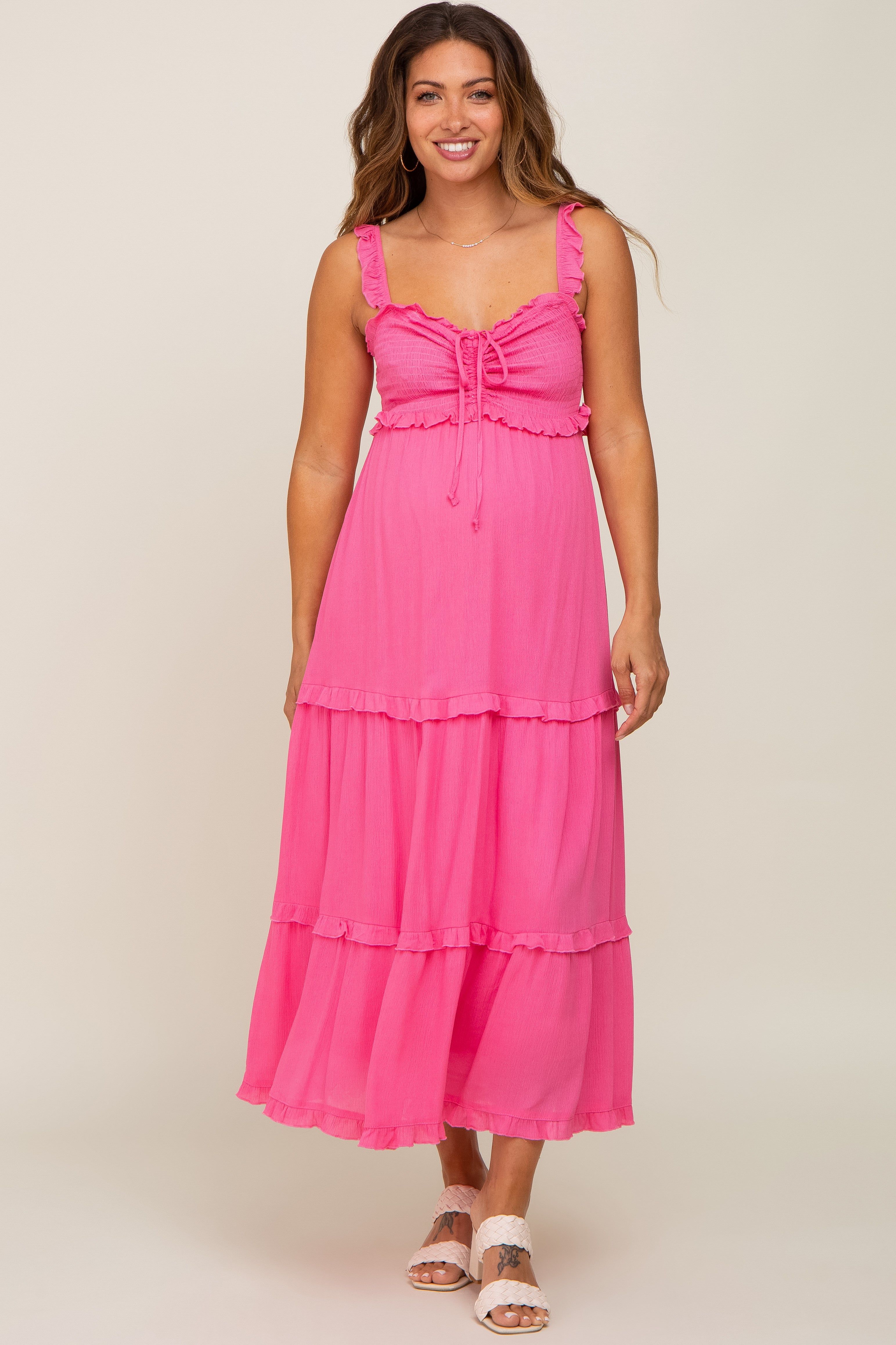 Pink Ruffle Accent Maternity Midi Dress sold by Pinkblush product image thumbnail 4