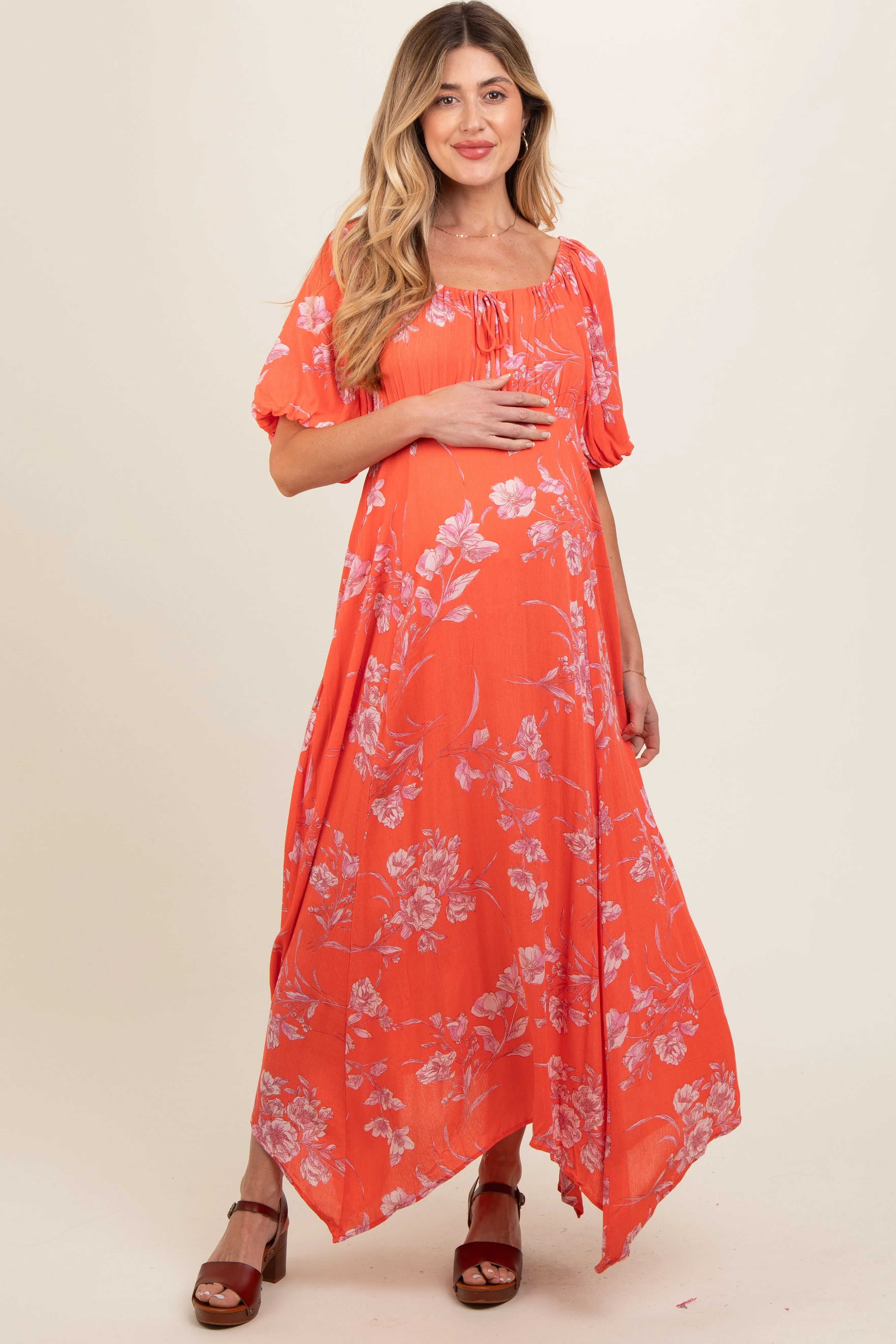 Orange Floral Puff Sleeve Maternity Maxi Dress sold by Pinkblush