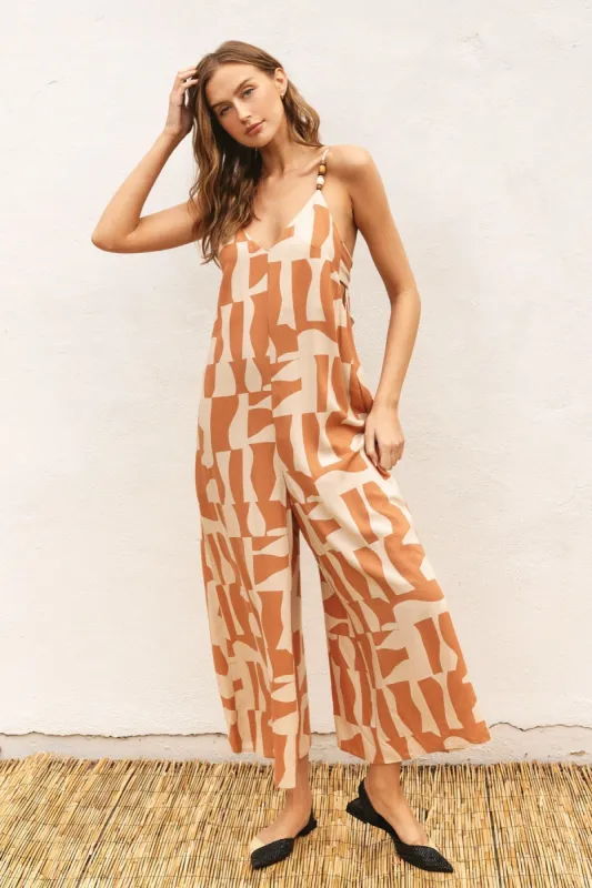 Camel Abstract Print Wide Leg Jumpsuit sold by Pinkblush