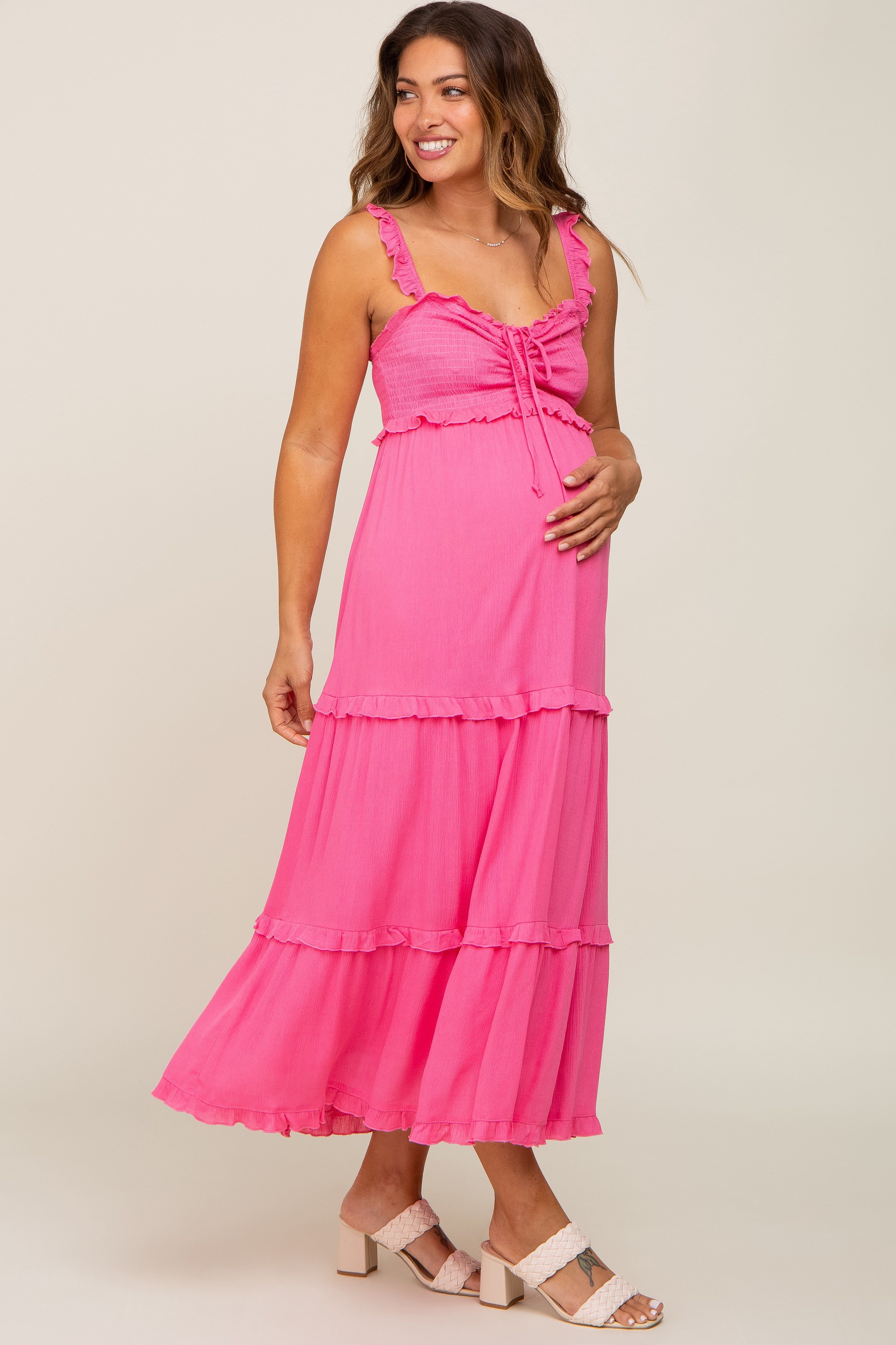 Pink Ruffle Accent Maternity Midi Dress sold by Pinkblush product image thumbnail 2