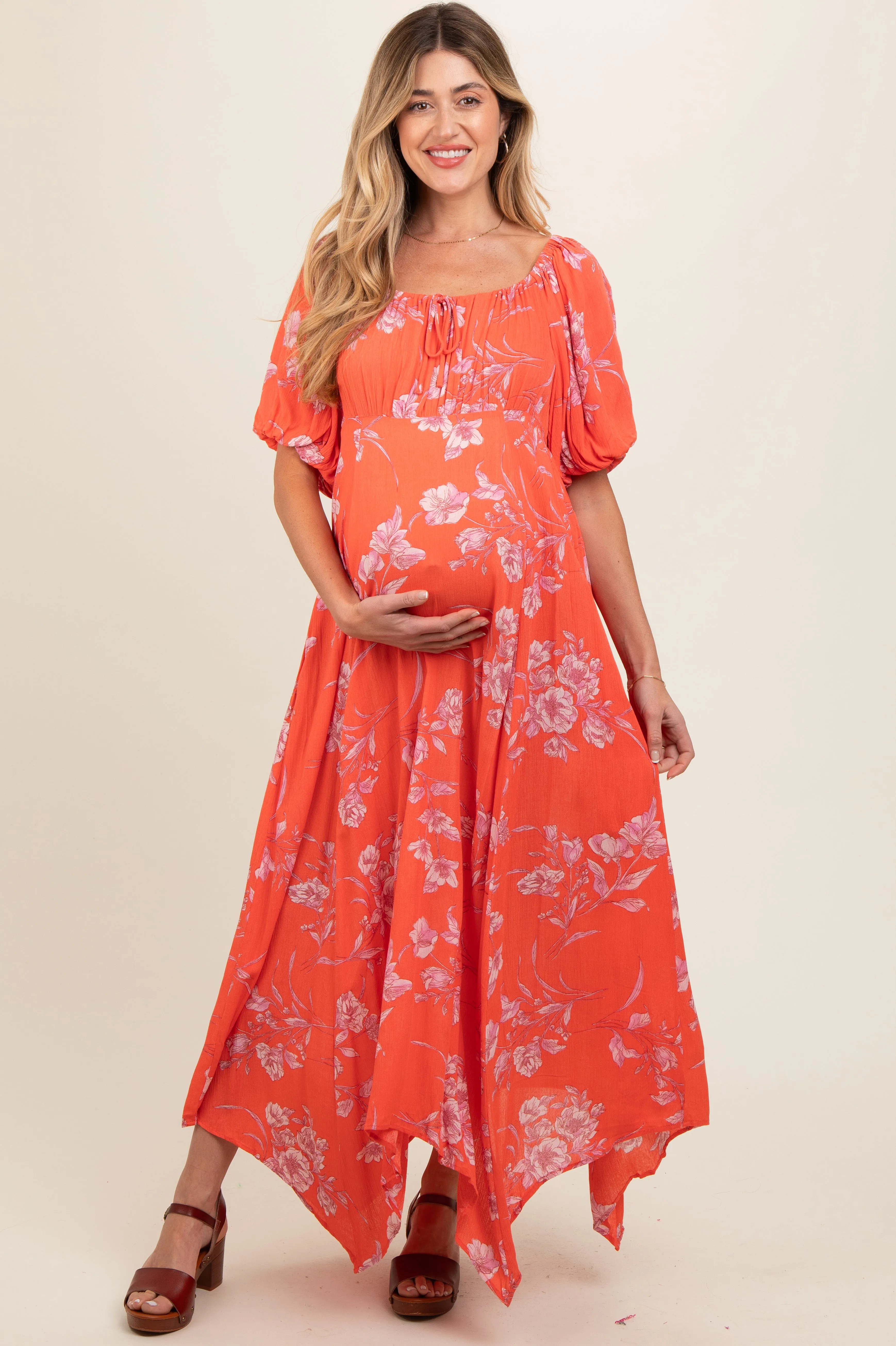 Orange Floral Puff Sleeve Maternity Maxi Dress sold by Pinkblush product image thumbnail 2