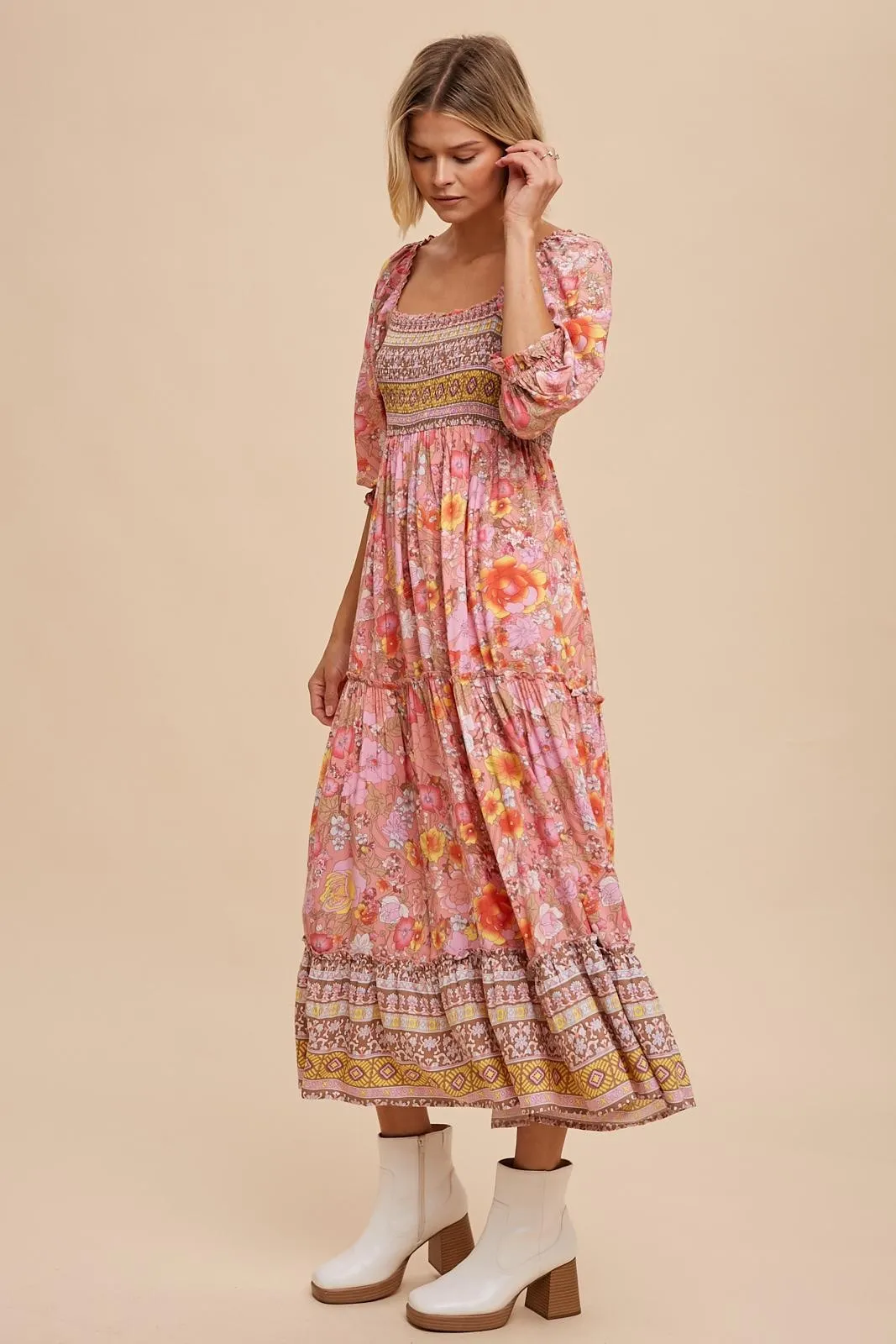 Pink Floral Smocked Half-Length Sleeves Midi Dress sold by Pinkblush product image thumbnail 2
