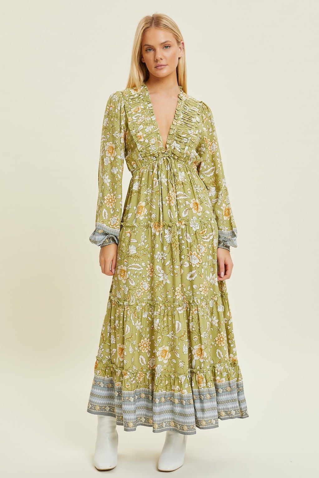 Light Green Floral Deep V-Neck Long Sleeve Midi Dress sold by Pinkblush