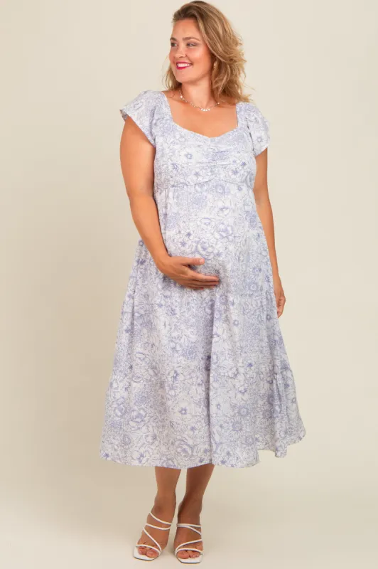 Ivory Blue Floral Print Ruched Tiered Plus Maternity Midi Dress sold by Pinkblush