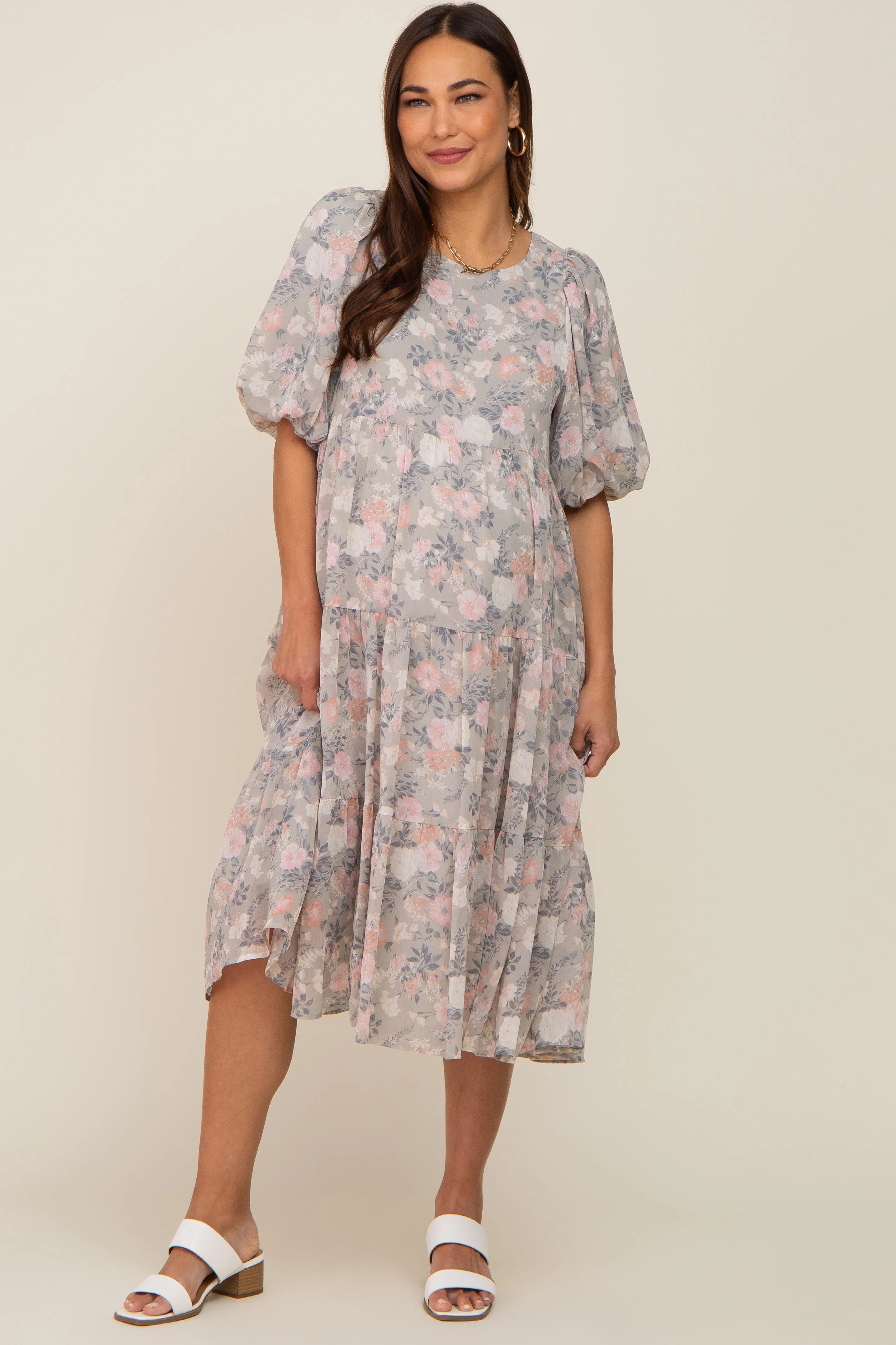 Light Olive Floral Chiffon Puff Short Sleeve Tiered Maternity Midi Dress sold by Pinkblush product image thumbnail 2