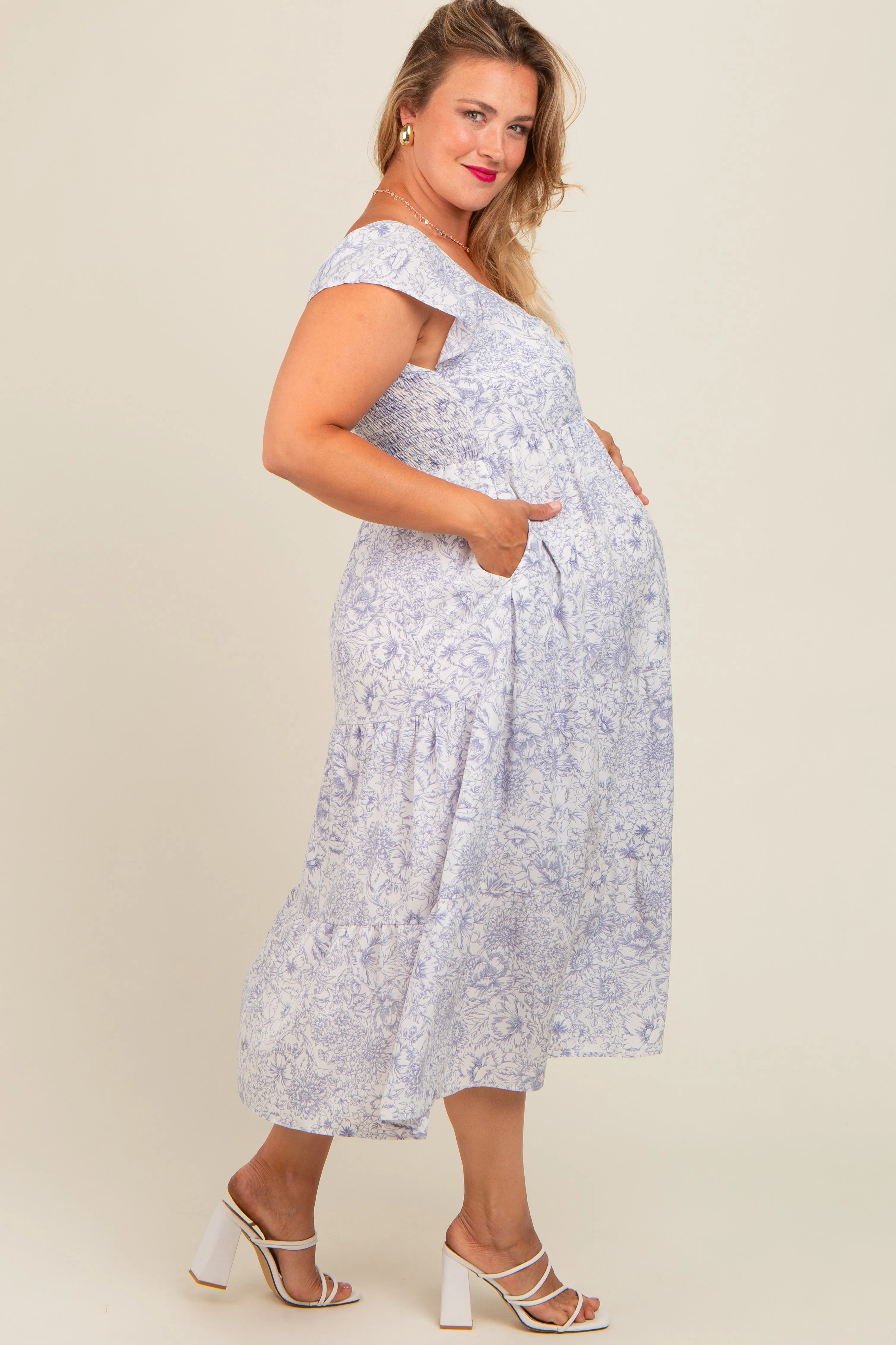 Ivory Blue Floral Print Ruched Tiered Plus Maternity Midi Dress sold by Pinkblush product image thumbnail 2