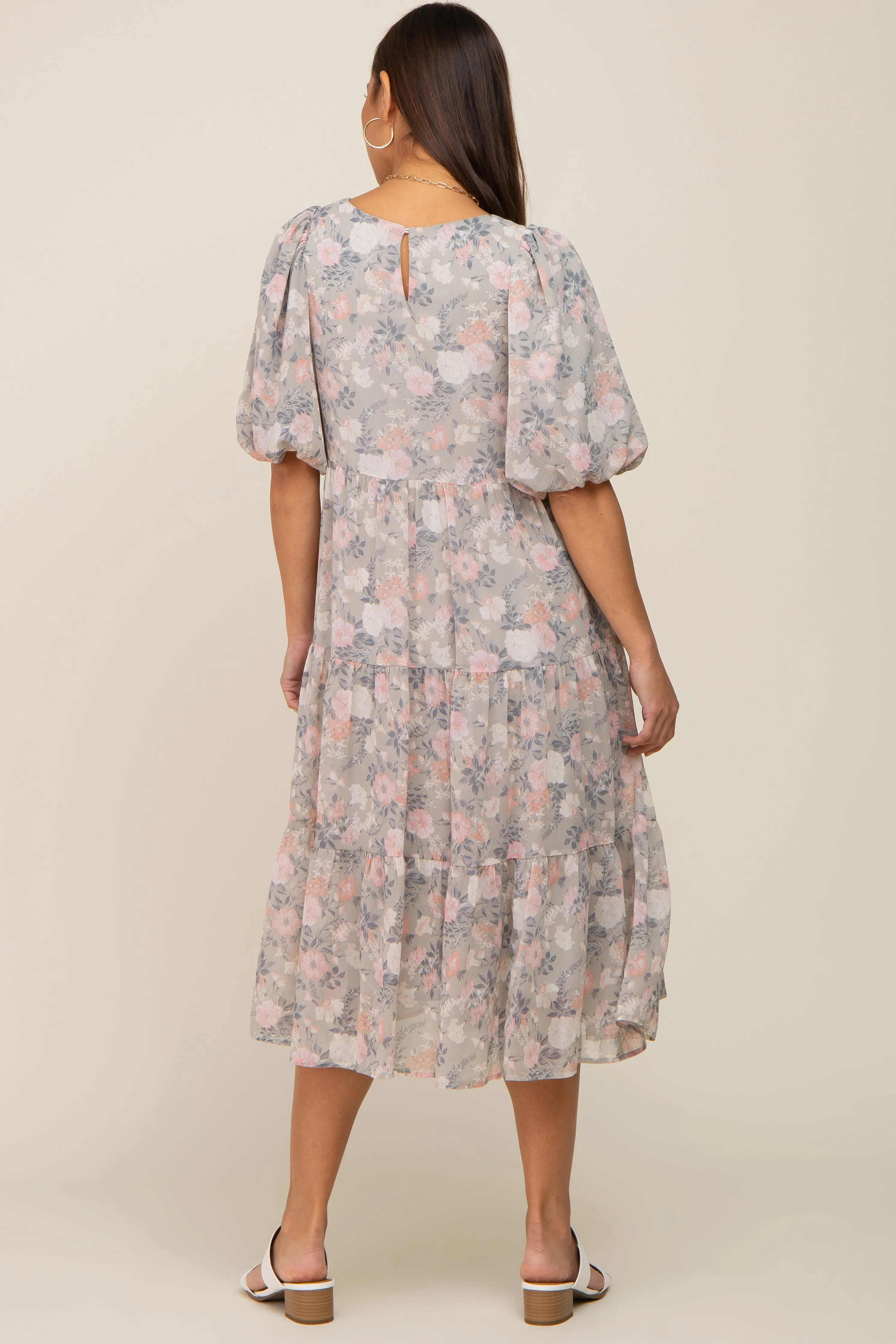 Light Olive Floral Chiffon Puff Short Sleeve Tiered Maternity Midi Dress sold by Pinkblush product image thumbnail 3