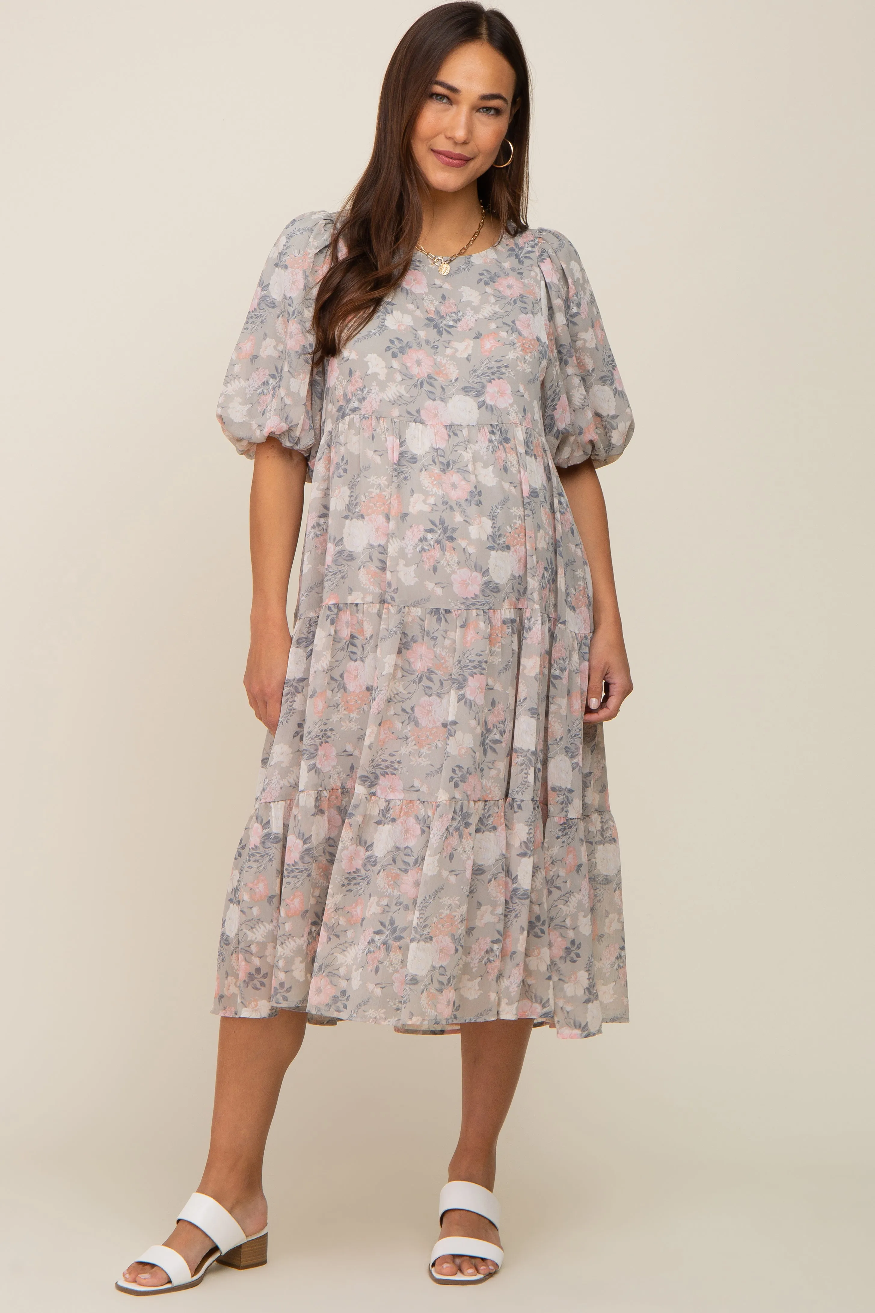 Light Olive Floral Chiffon Puff Short Sleeve Tiered Maternity Midi Dress sold by Pinkblush