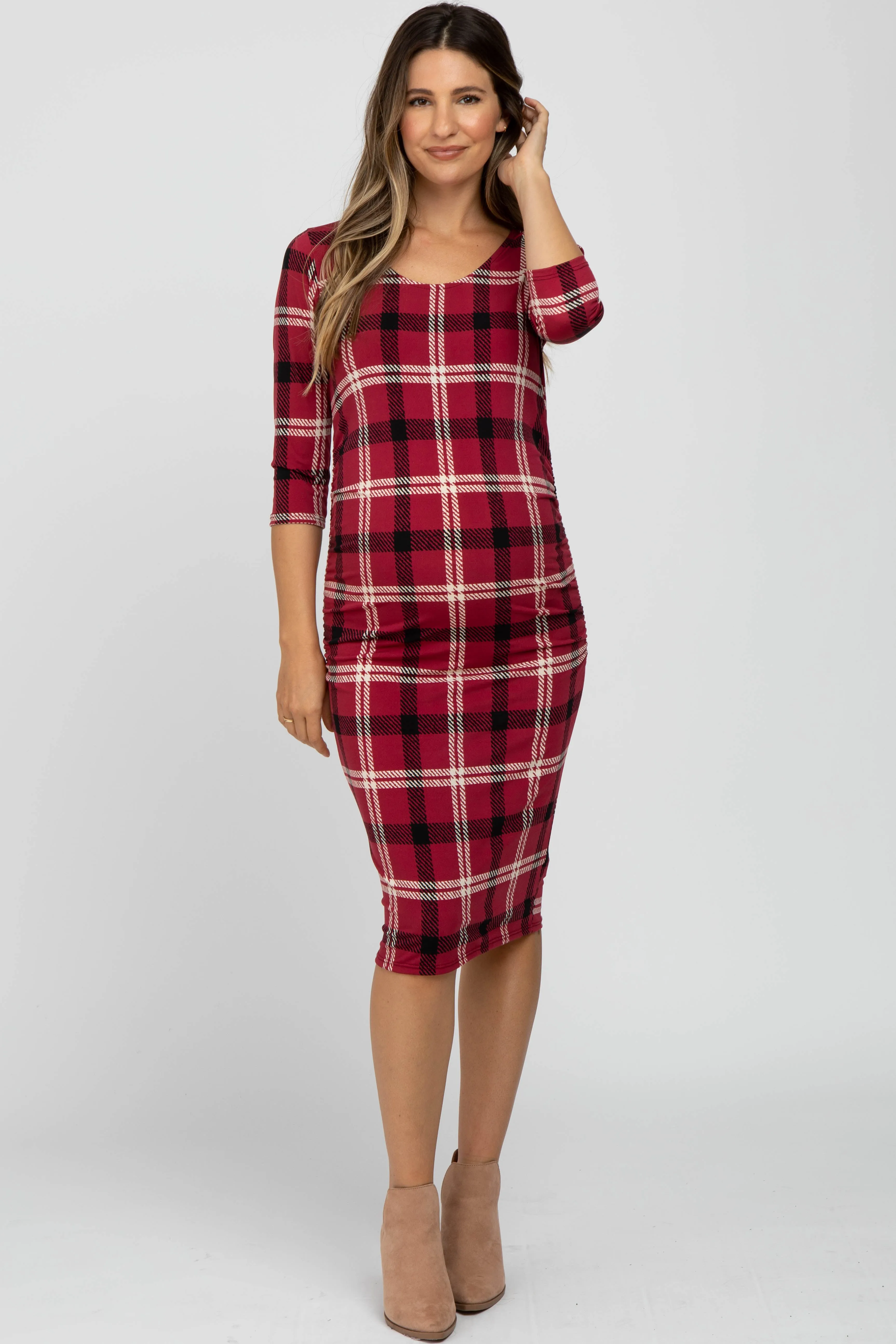 Burgundy Plaid 3/4 Sleeve Ruched Maternity Dress sold by Pinkblush