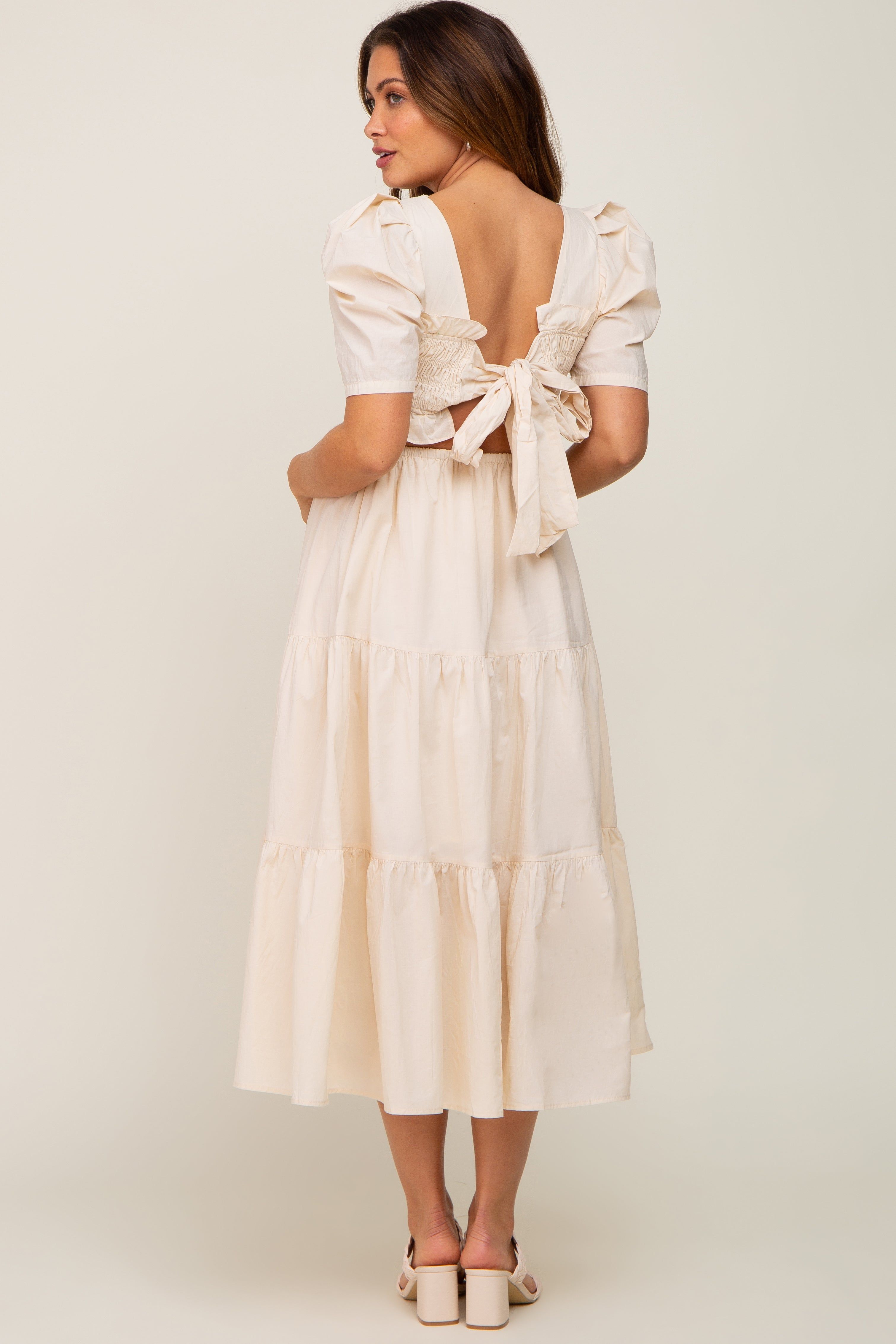 Beige Smocked Tiered Ruffle Maternity Midi Dress sold by Pinkblush product image thumbnail 4