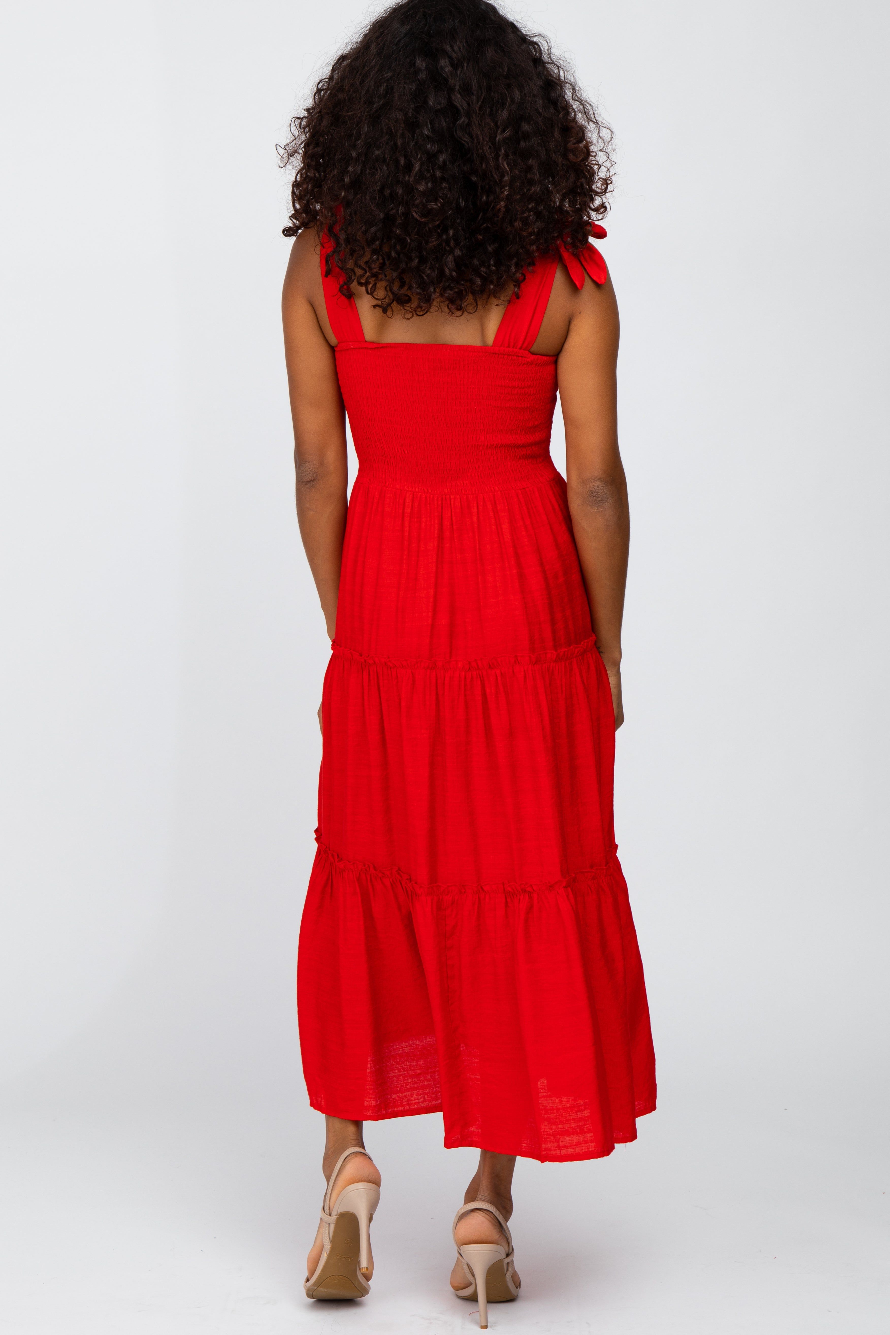 Red Shoulder Tie Tiered Midi Dress sold by Pinkblush product image thumbnail 3