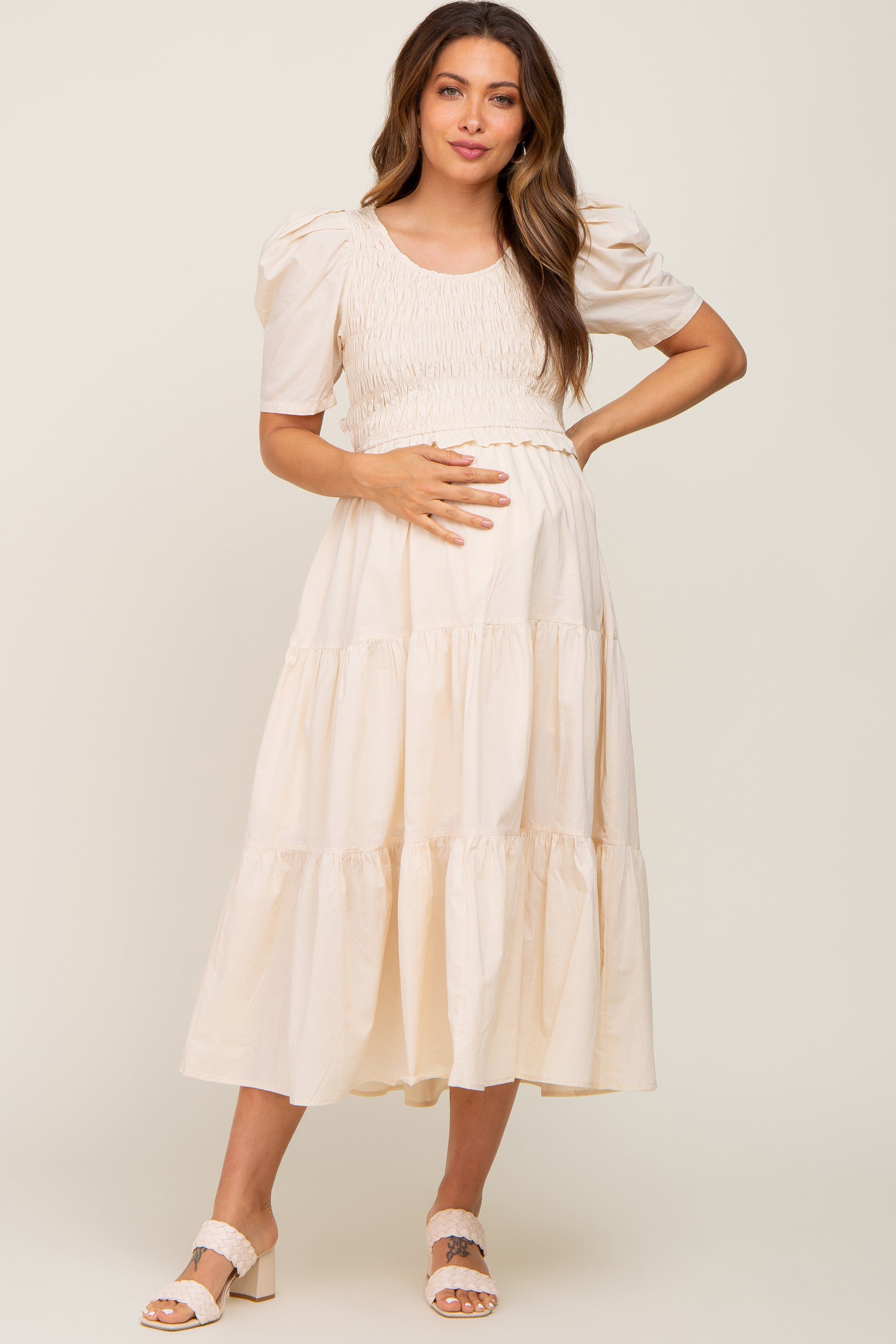 Beige Smocked Tiered Ruffle Maternity Midi Dress sold by Pinkblush