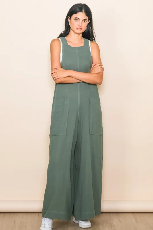 Moss Green Relaxed Wide Leg Tie Back Romper Jumpsuit sold by Pinkblush