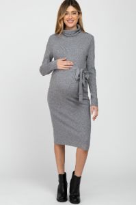 Heather Grey Ribbed Turtleneck Maternity Sweater Dress sold by Pinkblush