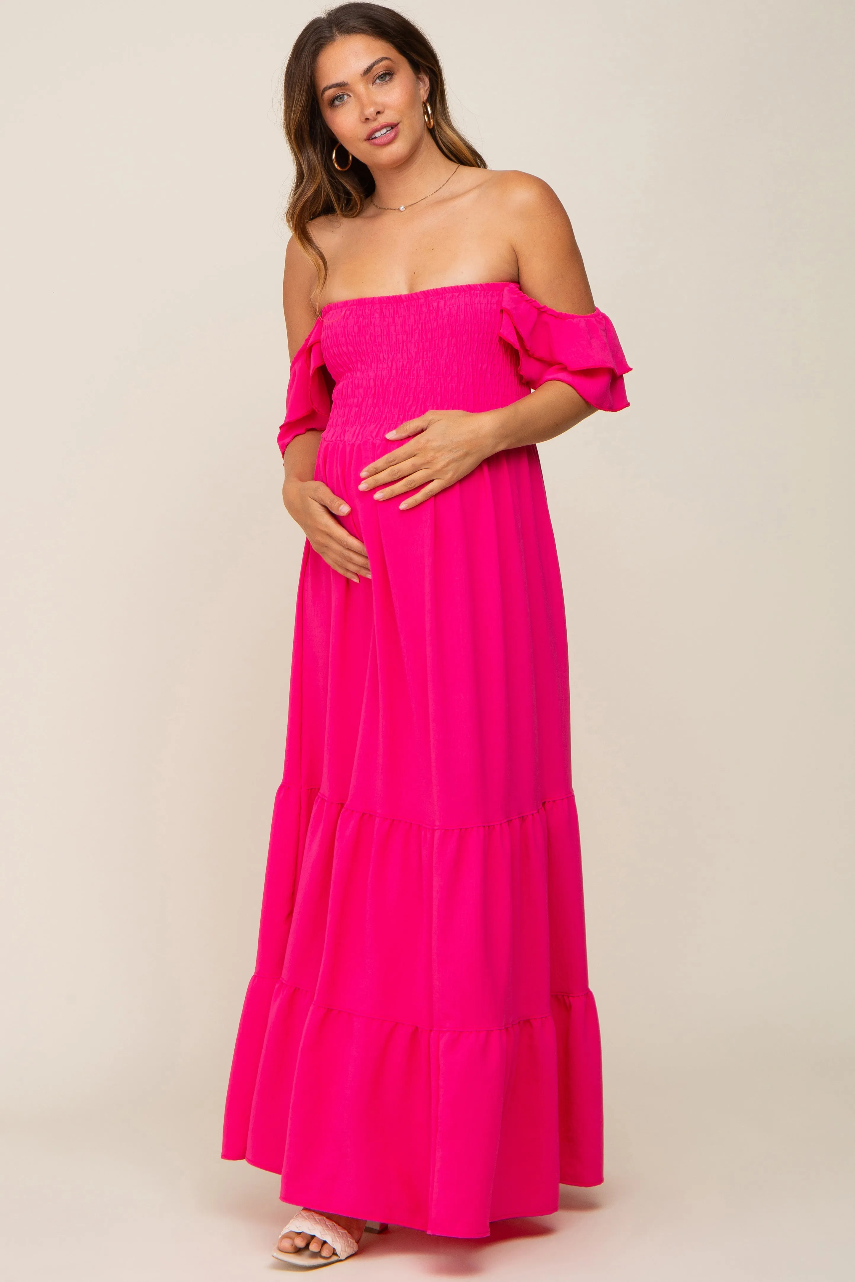 Fuchsia Smocked Ruffle Off Shoulder Tiered Maternity Maxi Dress sold by Pinkblush product image thumbnail 2