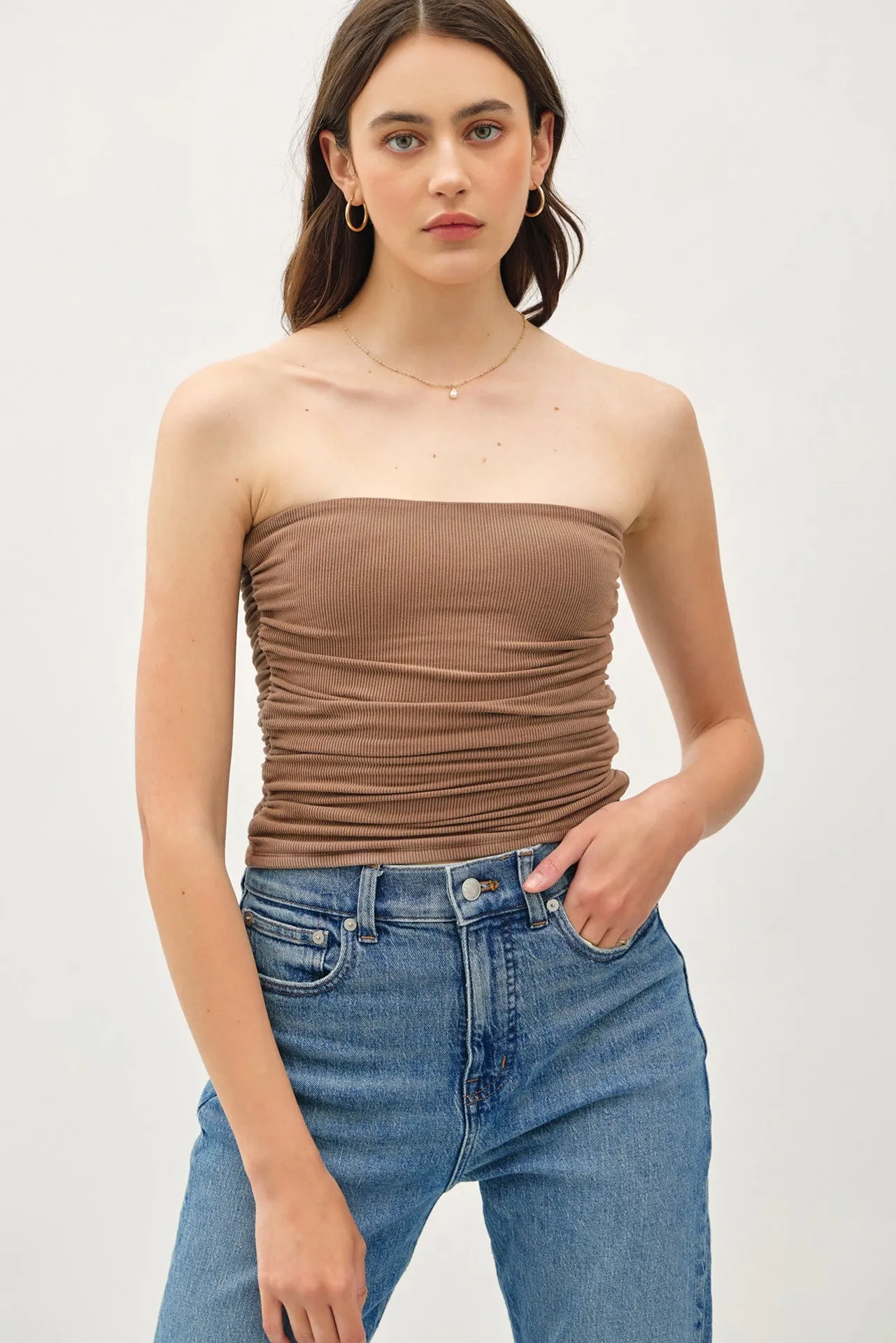 Toffee Brown Jersey Ruched Crop Tube Top sold by Pinkblush