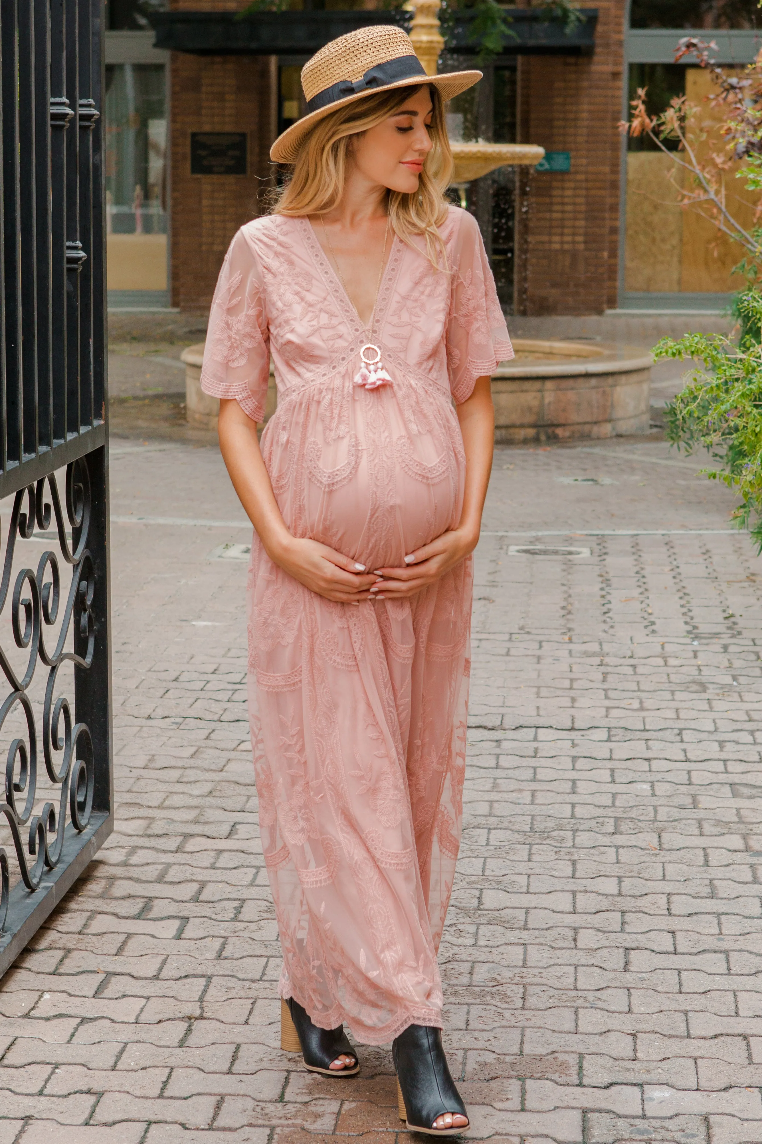 Light Pink Lace Mesh Overlay Maternity Maxi Dress sold by Pinkblush product image thumbnail 5