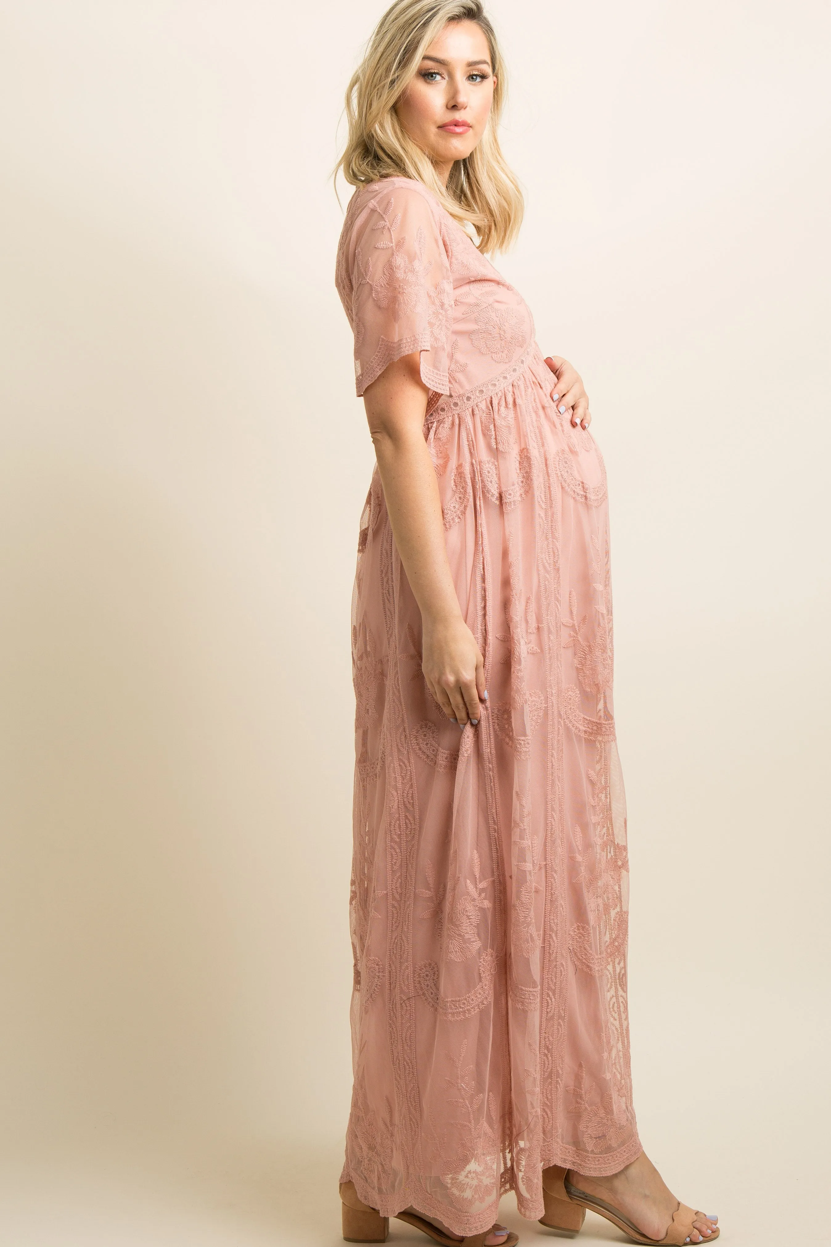 Light Pink Lace Mesh Overlay Maternity Maxi Dress sold by Pinkblush product image thumbnail 2