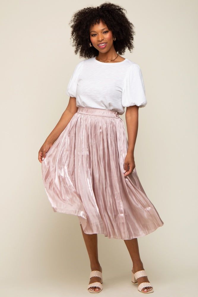 Light Pink Pleated Shimmer Satin Midi Skirt sold by Pinkblush product image thumbnail 5