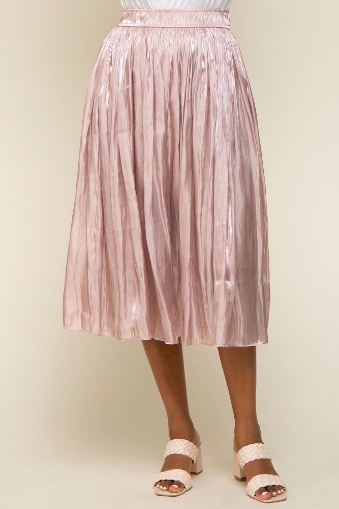 Light Pink Pleated Shimmer Satin Midi Skirt sold by Pinkblush product image thumbnail 2