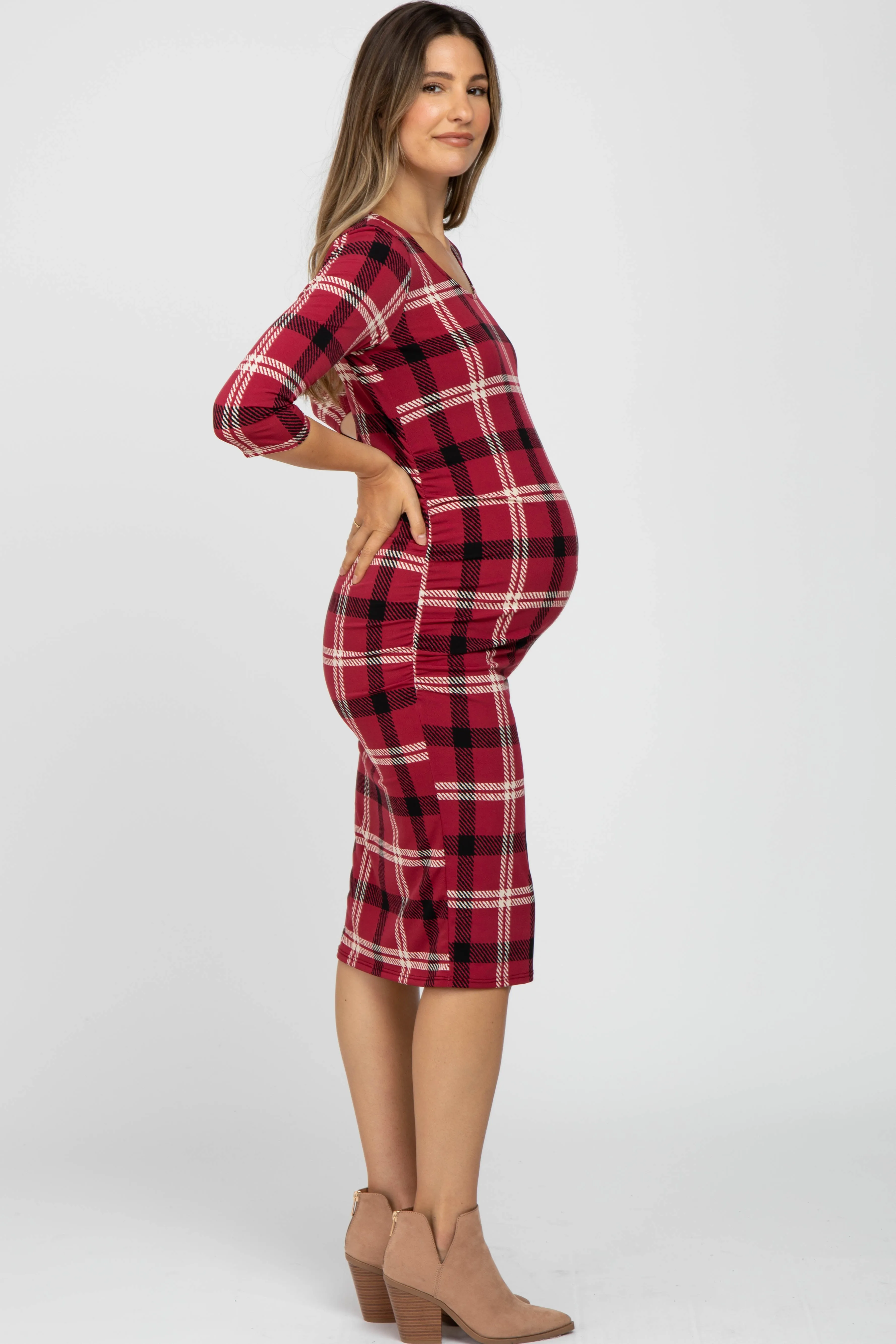 Burgundy Plaid 3/4 Sleeve Ruched Maternity Dress sold by Pinkblush product image thumbnail 2