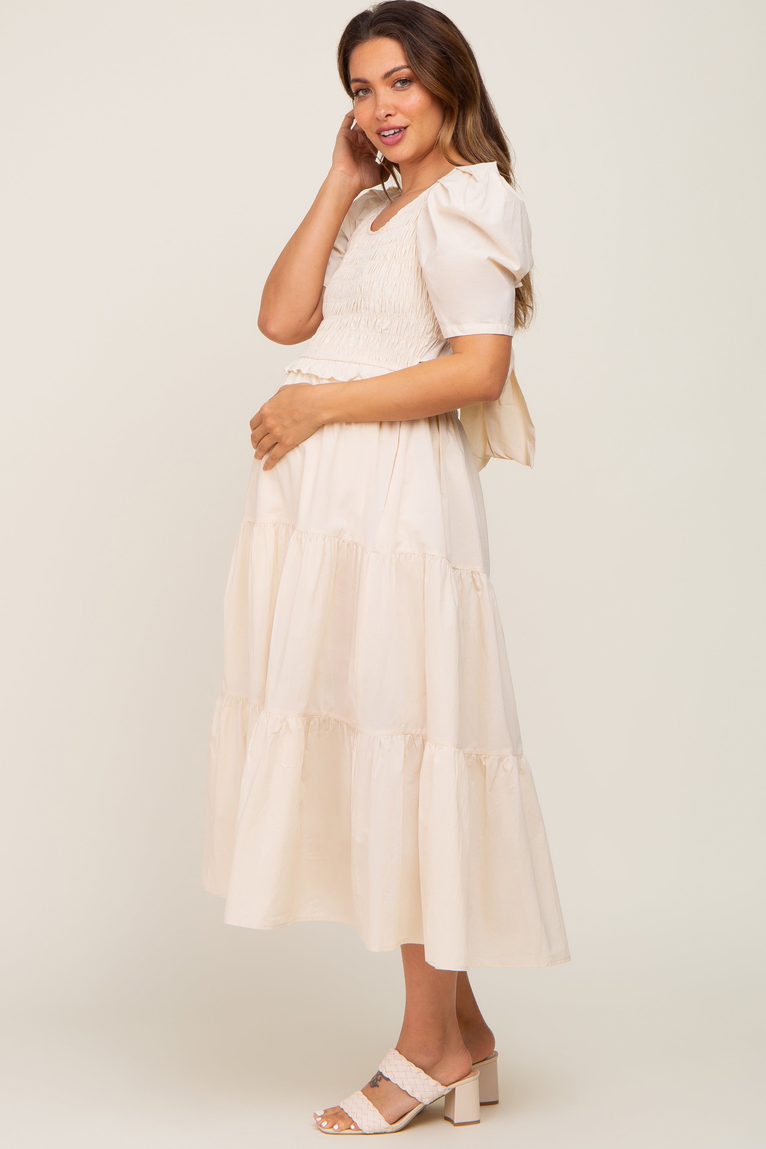 Beige Smocked Tiered Ruffle Maternity Midi Dress sold by Pinkblush product image thumbnail 2