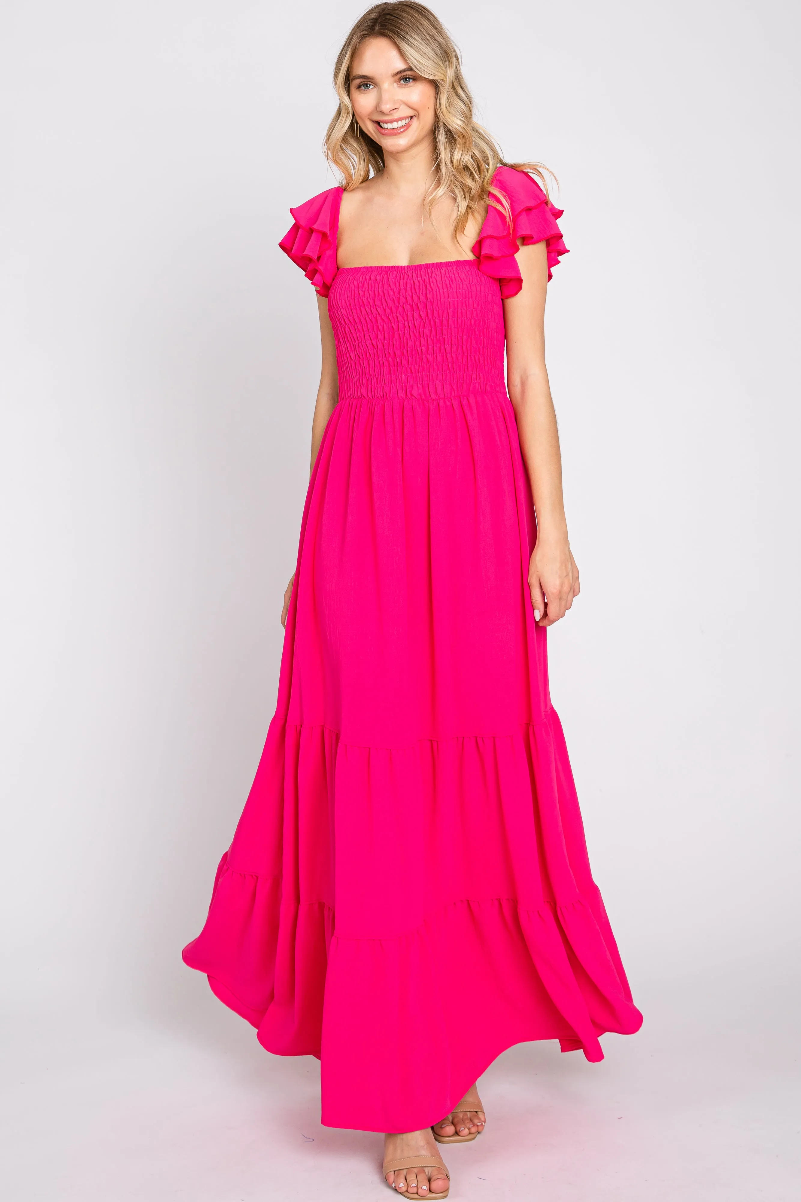 Fuchsia Smocked Ruffle Off Shoulder Tiered Maternity Maxi Dress sold by Pinkblush product image thumbnail 5
