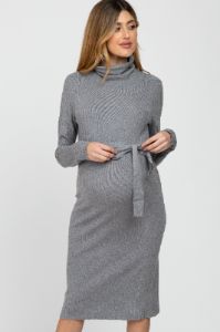 Heather Grey Ribbed Turtleneck Maternity Sweater Dress sold by Pinkblush