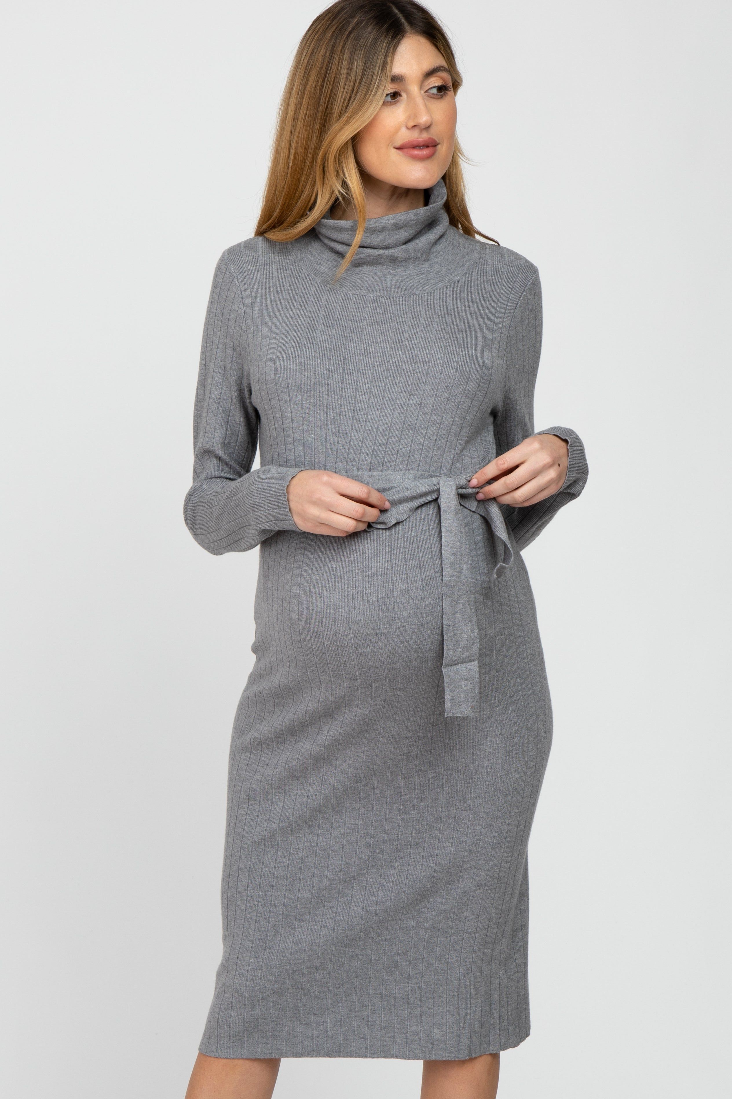 Heather Grey Ribbed Turtleneck Maternity Sweater Dress sold by Pinkblush product image thumbnail 2