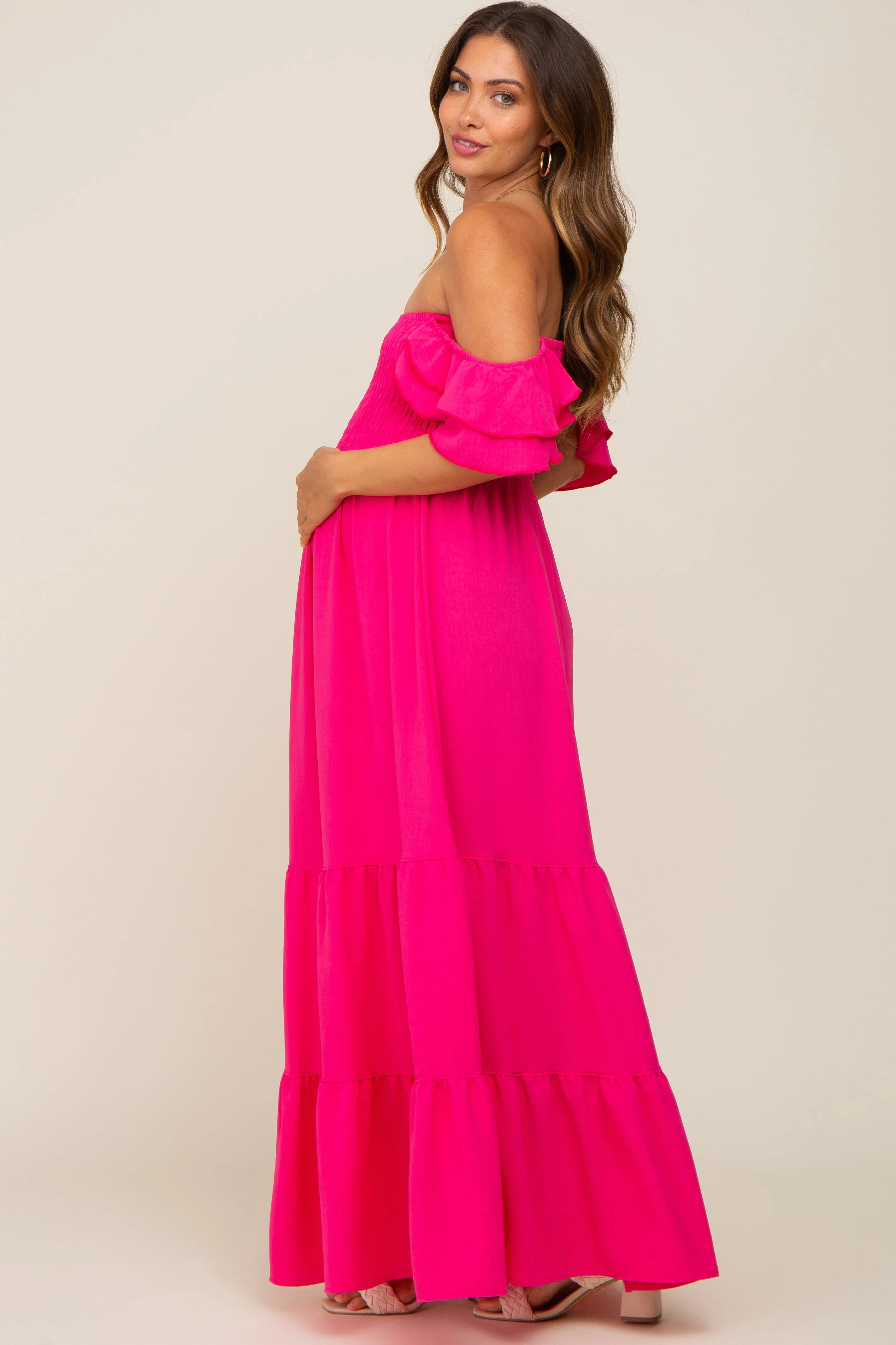 Fuchsia Smocked Ruffle Off Shoulder Tiered Maternity Maxi Dress sold by Pinkblush product image thumbnail 3