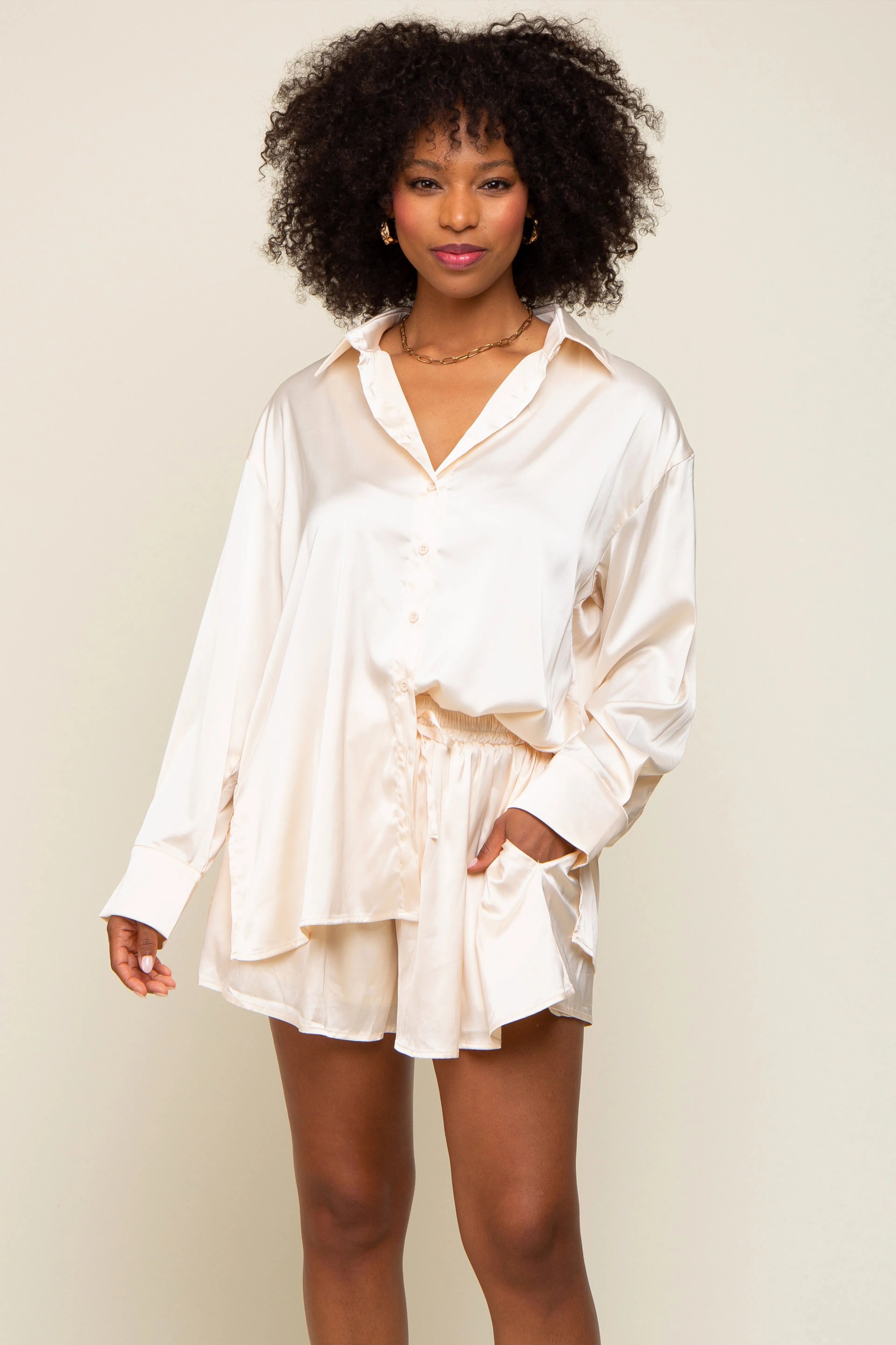 Cream Satin Button Down Maternity Short Sleep Set sold by Pinkblush product image thumbnail 5