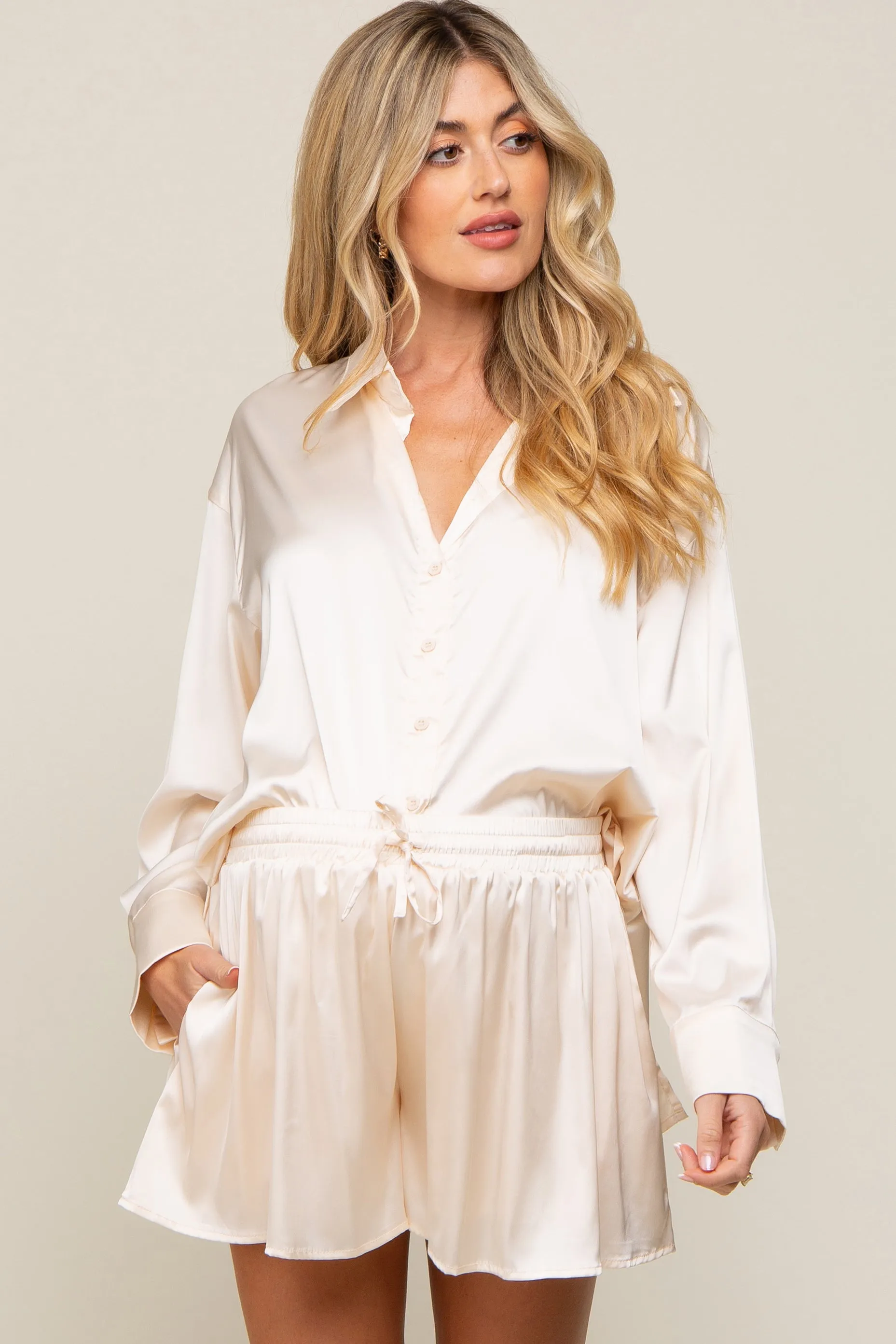 Cream Satin Button Down Maternity Short Sleep Set sold by Pinkblush product image thumbnail 2