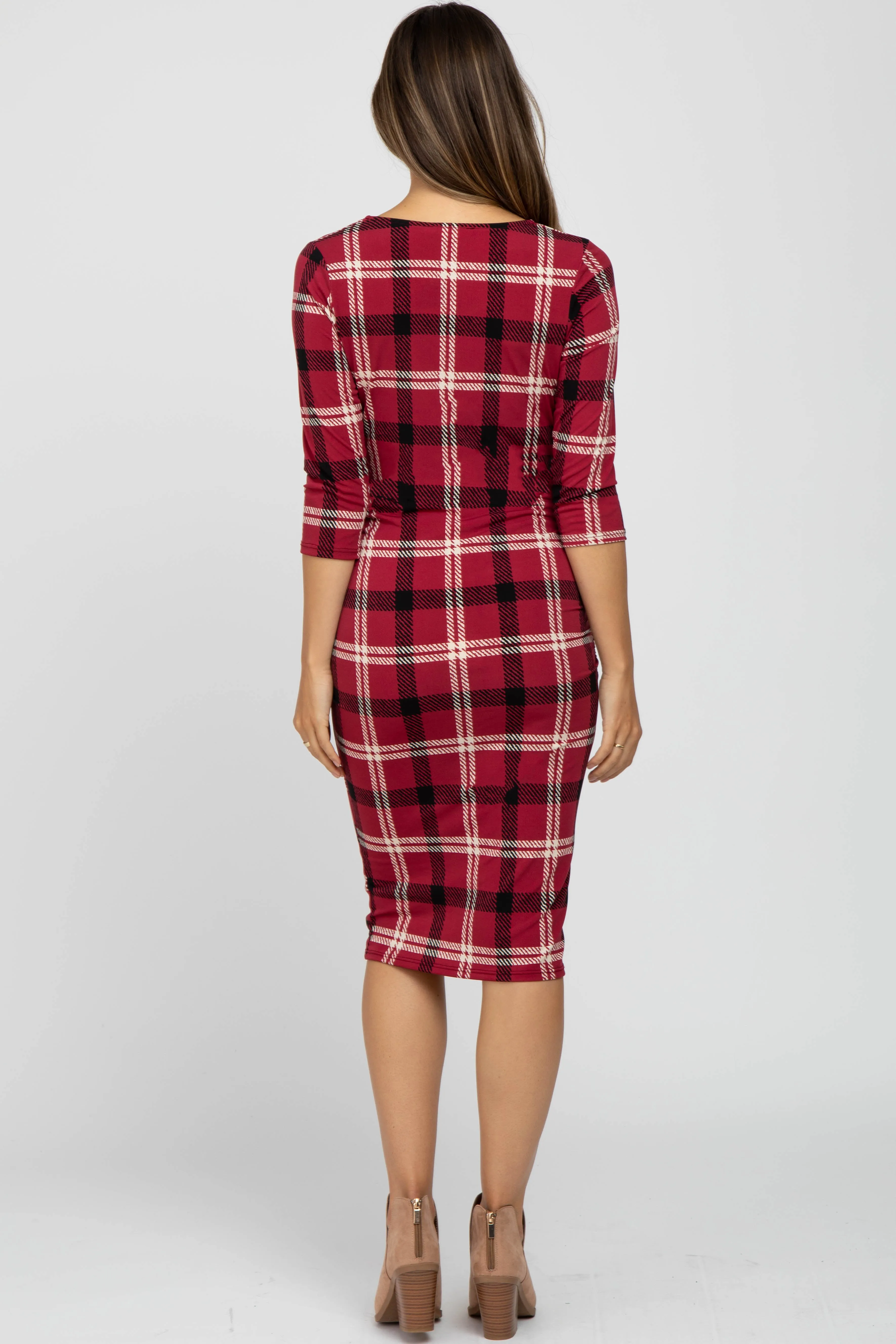 Burgundy Plaid 3/4 Sleeve Ruched Maternity Dress sold by Pinkblush product image thumbnail 3