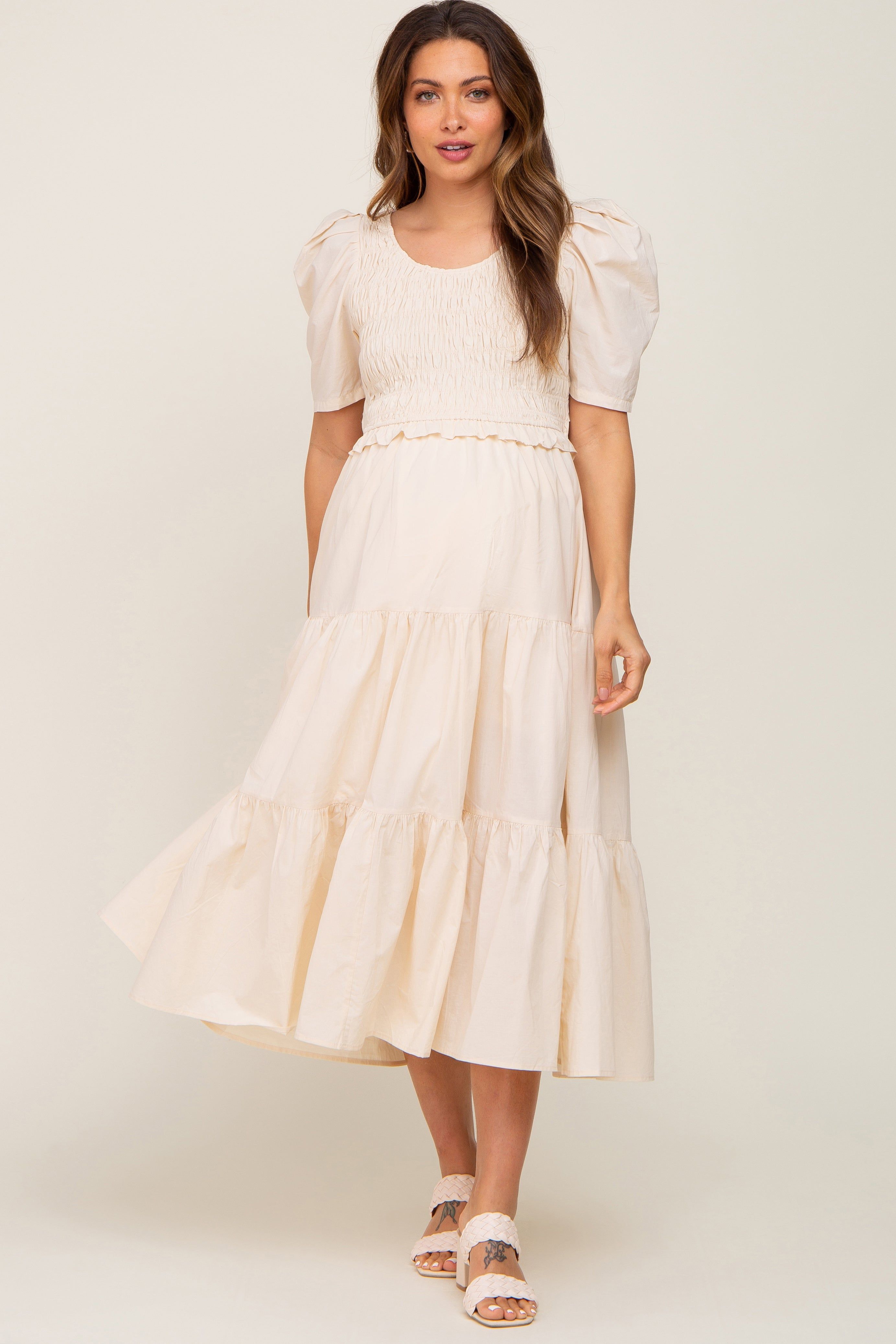 Beige Smocked Tiered Ruffle Maternity Midi Dress sold by Pinkblush product image thumbnail 3