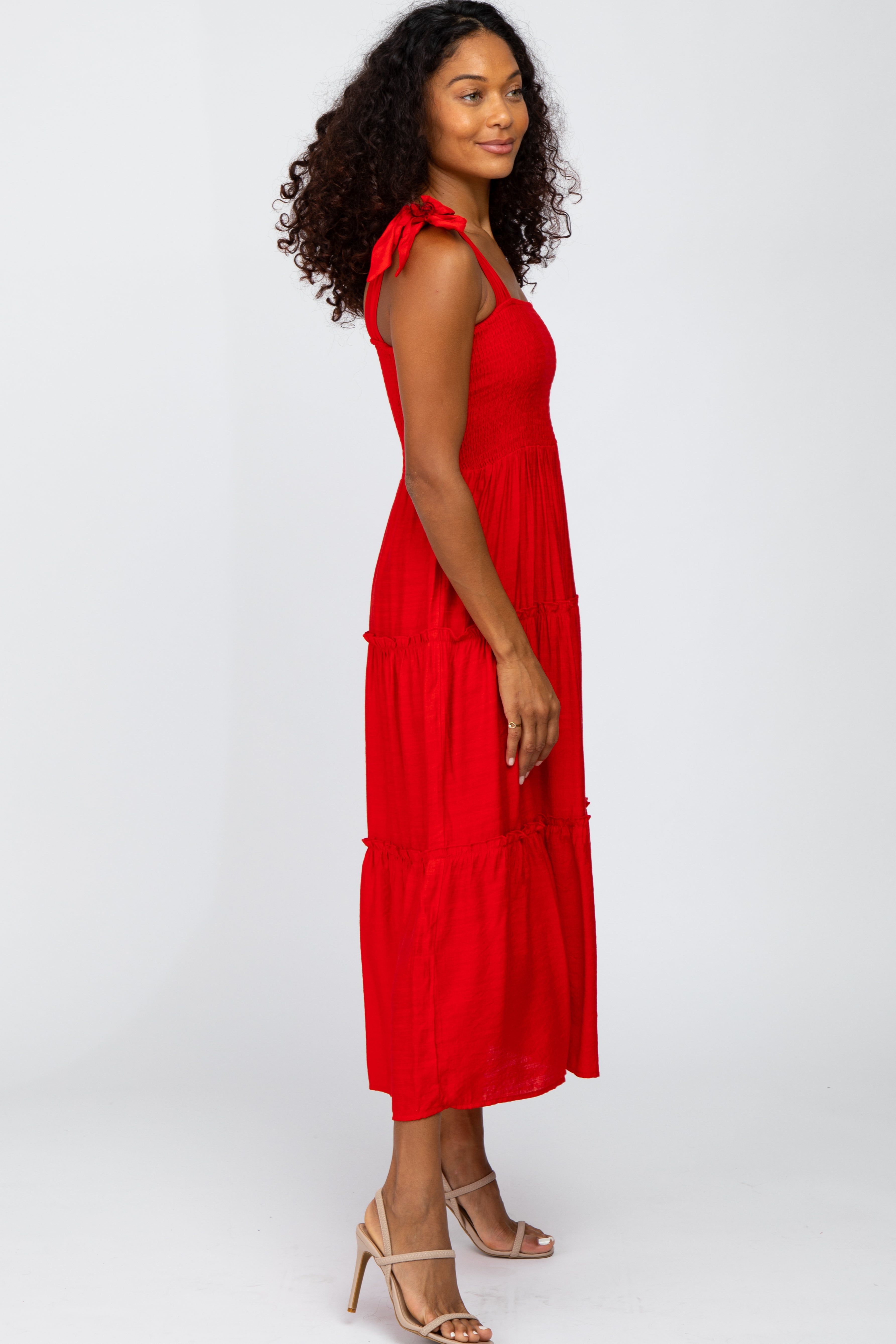 Red Shoulder Tie Tiered Midi Dress sold by Pinkblush product image thumbnail 2